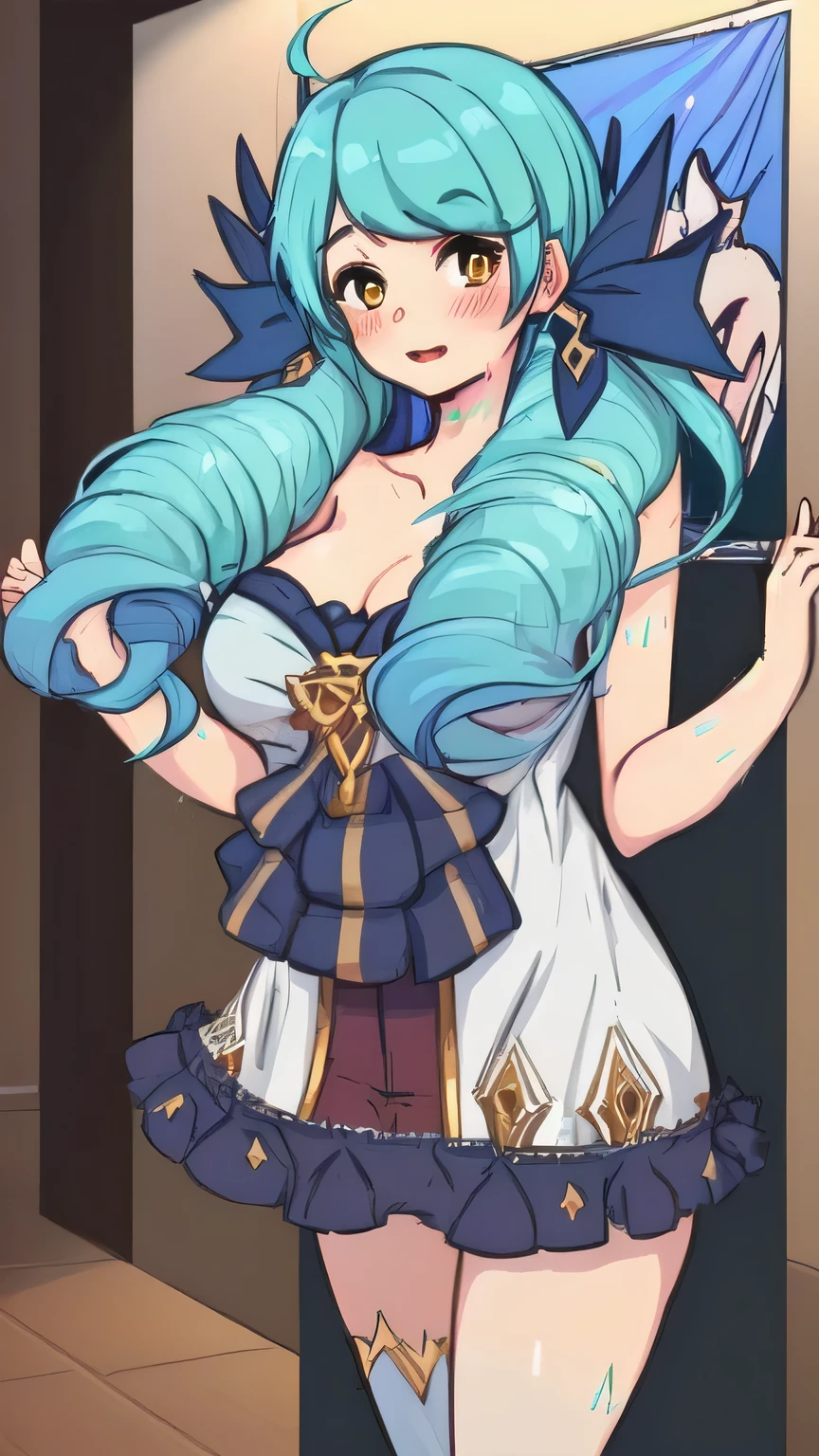 beautiful girl, 18 years old, c cup, poster art style, cheerful expression, sexy clothing,thighs, sexy pose, front view, sexy abdomen, ((toned body 0.4)), short skirt, looking blushing at the camera, gwen from league of legends, Gwen LoL, soft lighting, perfect light, soft lineart, 4k, high definition, wallpaper, poster style, underwear, softcore, blue hair