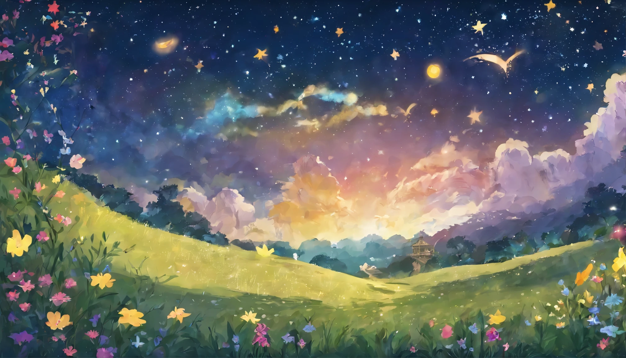 starry sky、grassland、night、fantasy