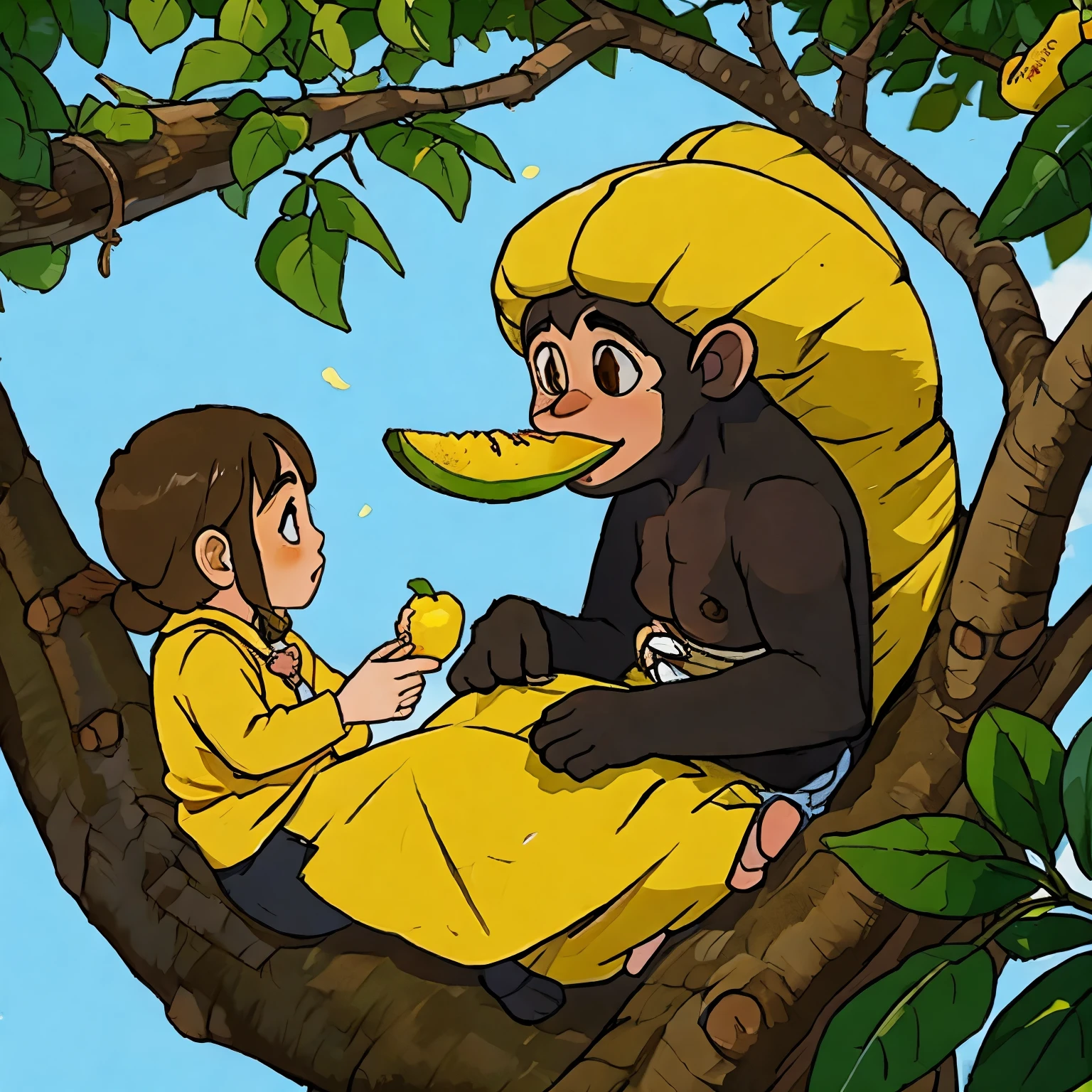 animales monos tiernos comiendo mango en un arbol