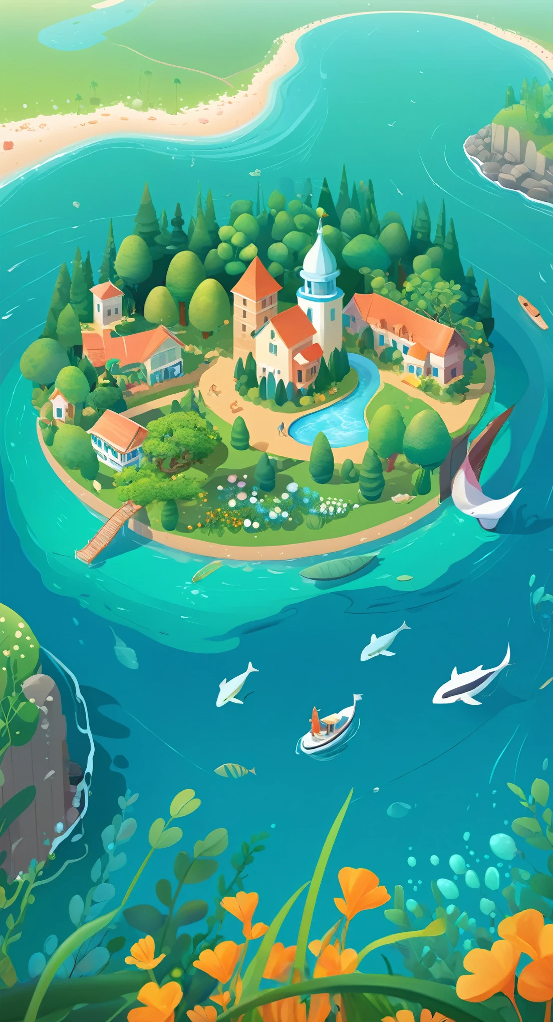 
Create a 2D game art piece titled "Spring" featuring lush greenery surrounding the sea, with buildings along the coastline and beautiful beaches, all in the style of Dmitry Vishnevsky. The artwork should stand out with shades of emerald, orange, and sea blue, evoking a gentle, relaxed, dreamy feeling akin to a magazine editorial.