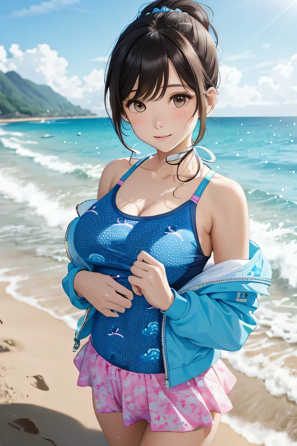 (highest quality、High resolution、detailed background、8K)、masterpiece、beautiful and smooth skin、skin texture、professional lighting、3 beautiful women in their 30s、
brown hair、Braided bob cut、braided ponytail、(huge breasts:1.3)、realistic images、realistic、perfect body line、attractive thighs、plump nipples、attractive ass、sunny day、sandy beach、Show the whole body、
(sandy beachで海水浴を楽しんでいる3 beautiful women in their 30s:1.5)、
playfully splashing water on each other、happy look、smile、open your mouth and laugh、sexual expression、wet swimsuit、the whole body is wet、my hair is wet too、cute、
The rash guard is designed like a long-sleeved jacket and has UV protection.、
Some have cute patterns or character prints.、
The set also includes bottoms, making it a stylish and practical option.、
A one-piece swimsuit with a skirt gives off a feminine and cute look.、
Materials with UV protection functions and colorful designs such as floral and fruit patterns are popular.、
Some skirts are decorated with frills or lace.、
The overall style swimsuit has a cute design and provides full coverage.、
Some come with straps or ribbons, or have animal prints or character designs.、
There are many cute designs of bikini style swimsuits.、
The combination of tops with frills or character prints and bottoms with colorful patterns is popular.、
Mermaid style swimsuits are also suitable for swimming in the sea.、
The top has a shell-shaped or scale pattern design, and the bottom has a mermaid-like shape.、
A tankini is a style of swimwear that combines a bikini top and shorts.、
It can hide your stomach, so you can wear it with confidence even if you are not confident in your girl&#39;s body shape.、
Sports swimsuits come in designs for competitive swimming and designs printed with characters from trendy sports brands.、It is also recommended to use sunscreen cream.、cute