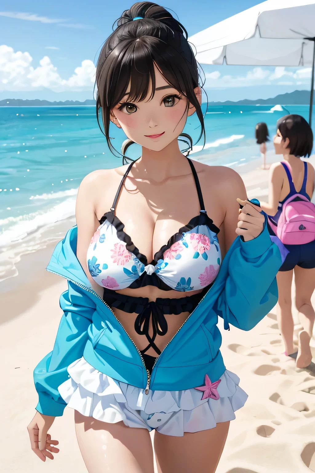 (highest quality、High resolution、detailed background、8K)、masterpiece、beautiful and smooth skin、skin texture、professional lighting、3 beautiful women in their 30s、
brown hair、Braided bob cut、braided ponytail、(huge :1.3)、realistic images、realistic、perfect body line、attractive thighs、plump nipplestive ass、sunny day、dy beach、Show the whole body、
(sandy beachで海水浴を楽しんでいる3 beautiful women in their 30s:1.5)、
playfully splashing water on each other、happy look、smile、open your mouth and laugh、sexual expressionwimsuit、the whole body is wet、my hair is wet too、cute、
The rash guard is designed like a long-sleeved jacket and has UV protection.、
Some have cute patterns or character prints.、
The set also includes bottoms, making it a stylish and practical option.、
A one-piece swimsuit with a skirt gives off a feminine and cute look.、
Materials with UV protection functions and colorful designs such as floral and fruit patterns are popular.、
Some skirts are decorated with frills or lace.、
The overall style swimsuit has a cute design and provides full coverage.、
Some come with straps or ribbons, or have animal prints or character designs.、
There are many cute designs of bikini style swimsuits.、
The combination of tops with frills or character prints and bottoms with colorful patterns is popular.、
Mermaid style swimsuits are also suitable for swimming in the sea.、
The top has a shell-shaped or scale pattern design, and the bottom has a mermaid-like shape.、
A tankini is a style of swimwear that combines a bikini top and shorts.、
It can hide your stomach, so you can wear it with confidence even if you are not confident in your girl's body shape.、
Sports swimsuits come in designs for competitive swimming and designs printed with characters from trendy sports brands.、It is also recommended to use sunscreen cream.、cute