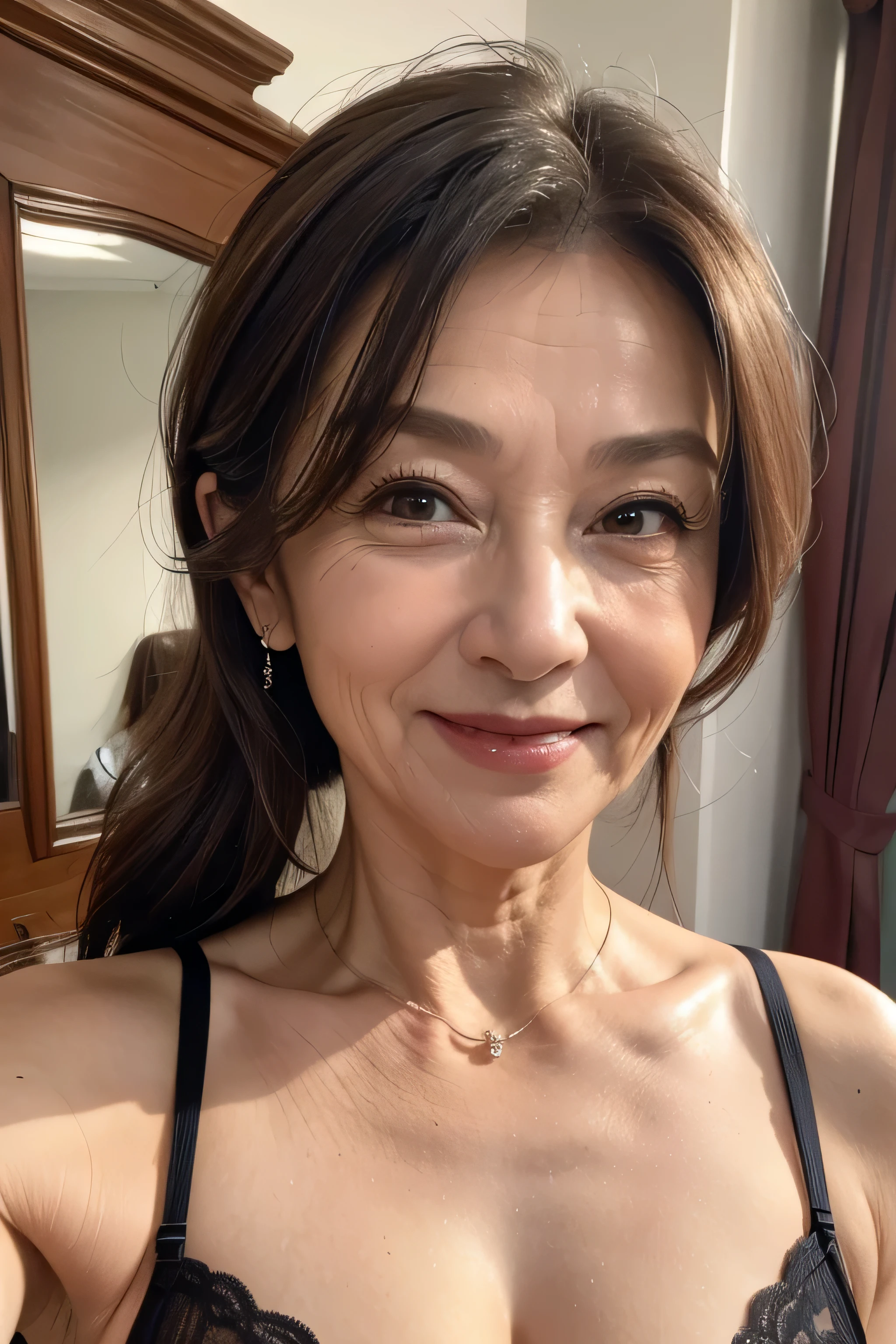 (Masterpiece:1.4),(60-year-old woman:1.4),(Wrinkles on the face1.2),smile,lingerie