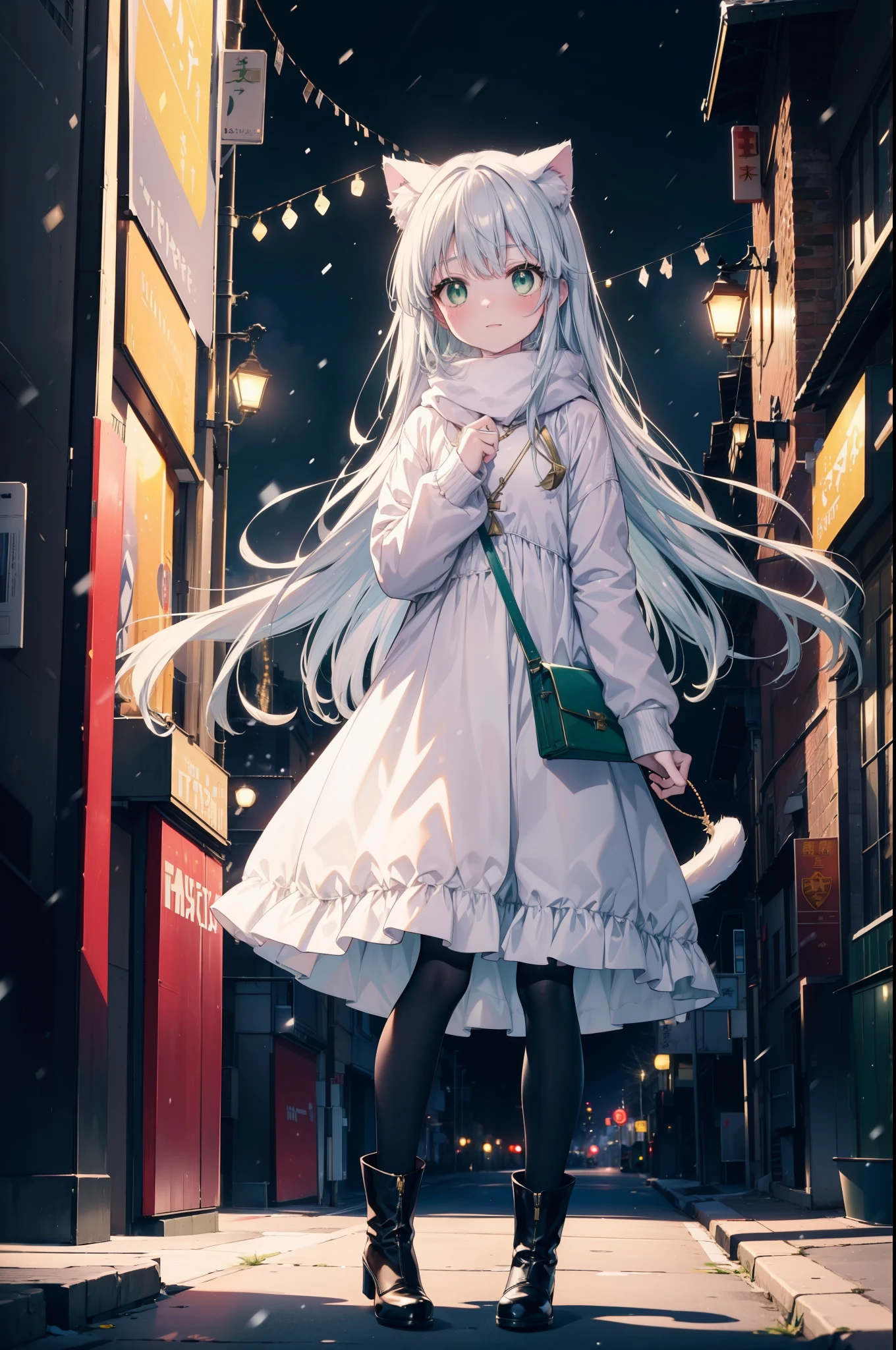 index, index, (green eyes:1.5), silver hair, long hair, (flat chest:1.2),Cat ear,cat tail,blush,smile,open your mouth,illumination,A large Christmas tree is placed in the middle of the road.,gray handbag,yellow long coat, white hoodie, black long skirt,black pantyhose,Mini Boots,winter,night,cold sky,snow is scattered,It&#39;s snowing,
break looking at viewer, Upper body, whole body,
break outdoors, In town,building street,
break (masterpiece:1.2), highest quality, High resolution, unity 8k wallpaper, (figure:0.8), (beautiful deしっぽed eyes:1.6), extremely deしっぽed face, perfect lighting, extremely deしっぽed CG, (perfect hands, perfect anatomy),