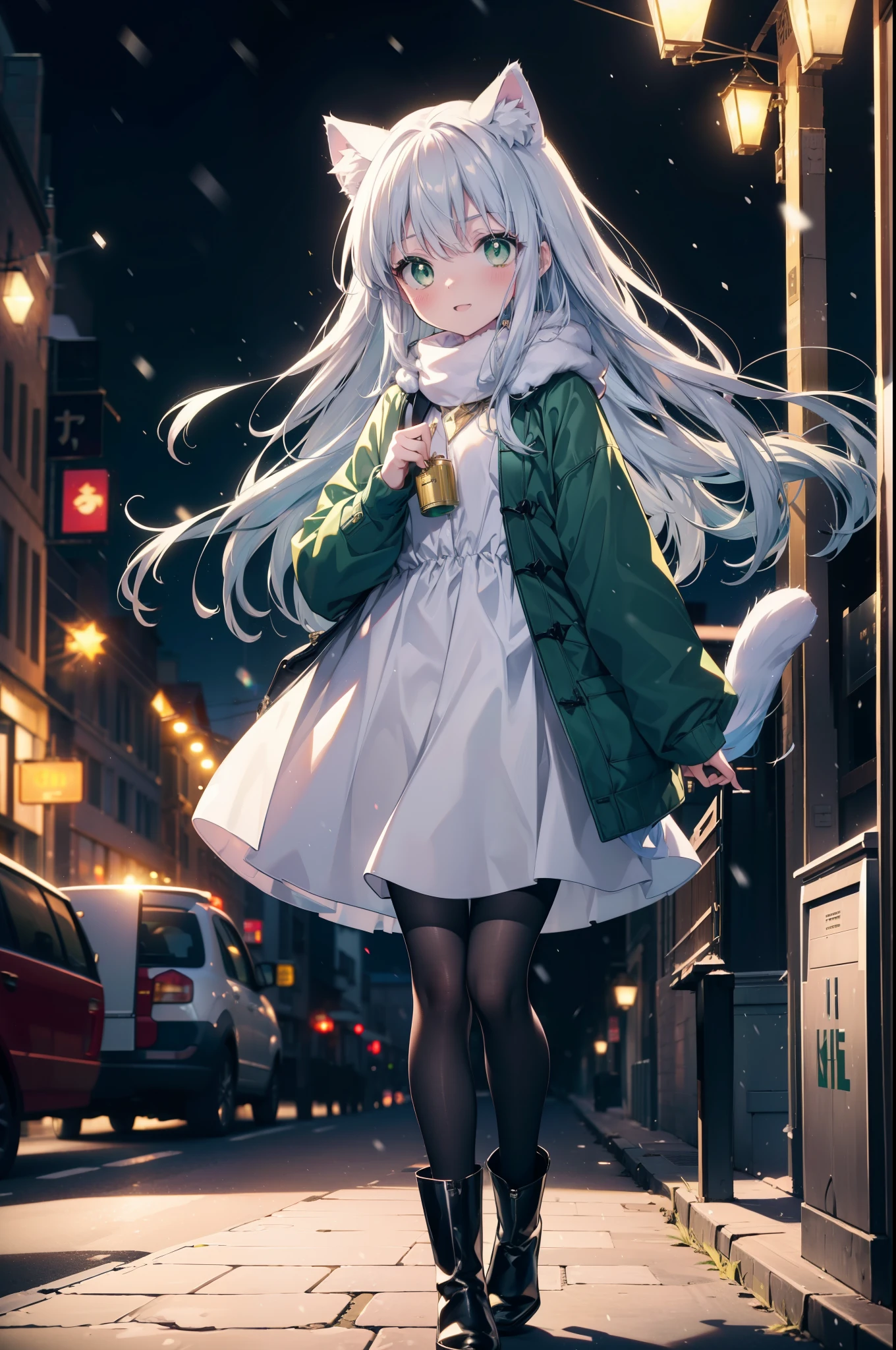 index, index, (green eyes:1.5), silver hair, long hair, (flat chest:1.2),Cat ear,cat tail,blush,smile,open your mouth,illumination,A large Christmas tree is placed in the middle of the road.,gray handbag,yellow long coat, white hoodie, black long skirt,black pantyhose,Mini Boots,winter,night,cold sky,snow is scattered,It&#39;s snowing,
break looking at viewer, Upper body, whole body,
break outdoors, In town,building street,
break (masterpiece:1.2), highest quality, High resolution, unity 8k wallpaper, (figure:0.8), (beautiful deしっぽed eyes:1.6), extremely deしっぽed face, perfect lighting, extremely deしっぽed CG, (perfect hands, perfect anatomy),