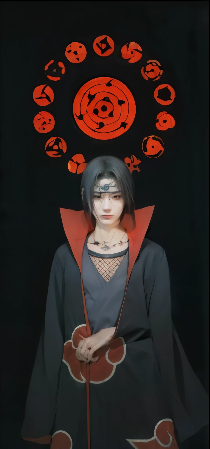 masterpiece, extremely realistic, cinematic, UHD, 8K, very detailed, Depth of the bounds written. detailed face, fine eyes, best photo shoot, Uciha Itachi, Dawn. 1 Japanese male, good looking, lively scene. 