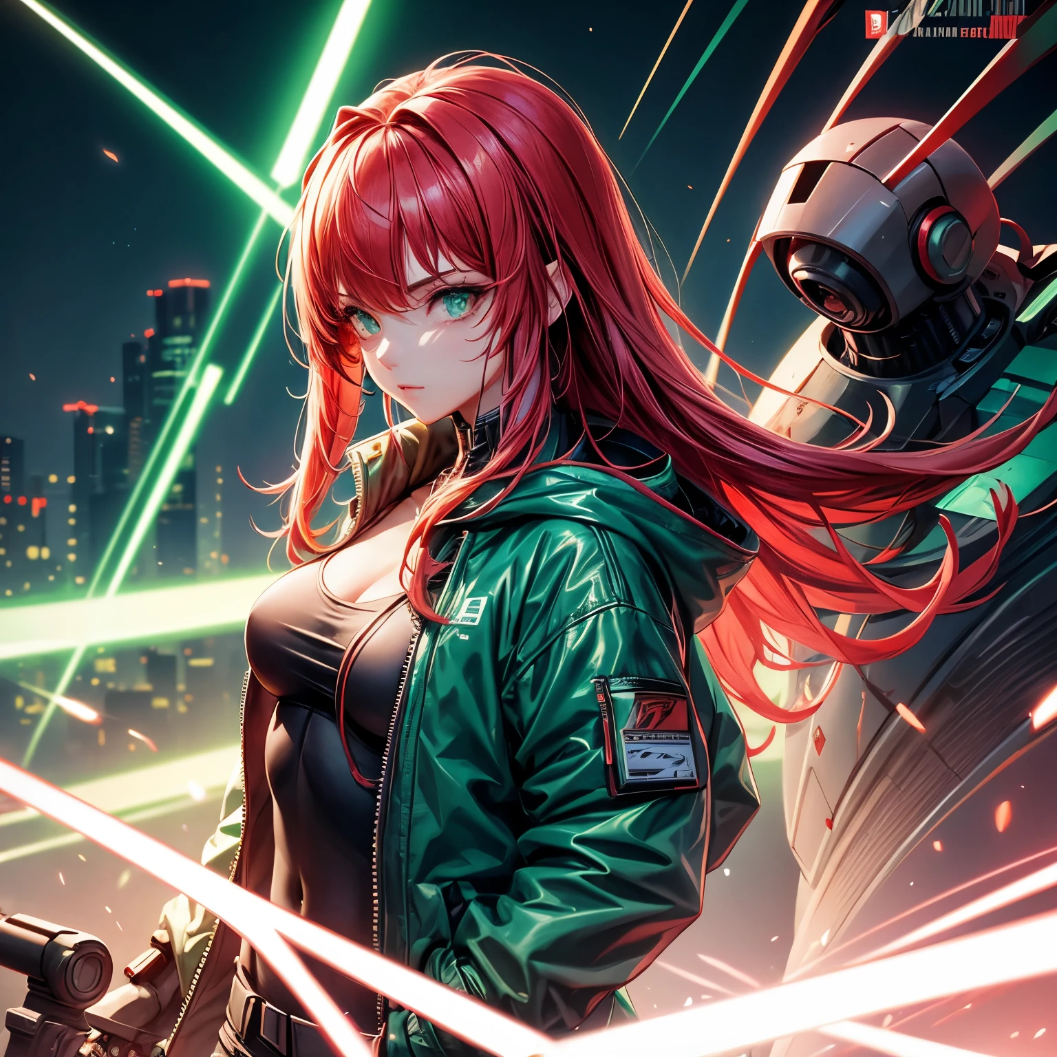 Beautiful girl with small breasts, Wear a sturdy jacket, long hair, Robotic arm in cyberpunk night scene, Cyberpunk red and green background