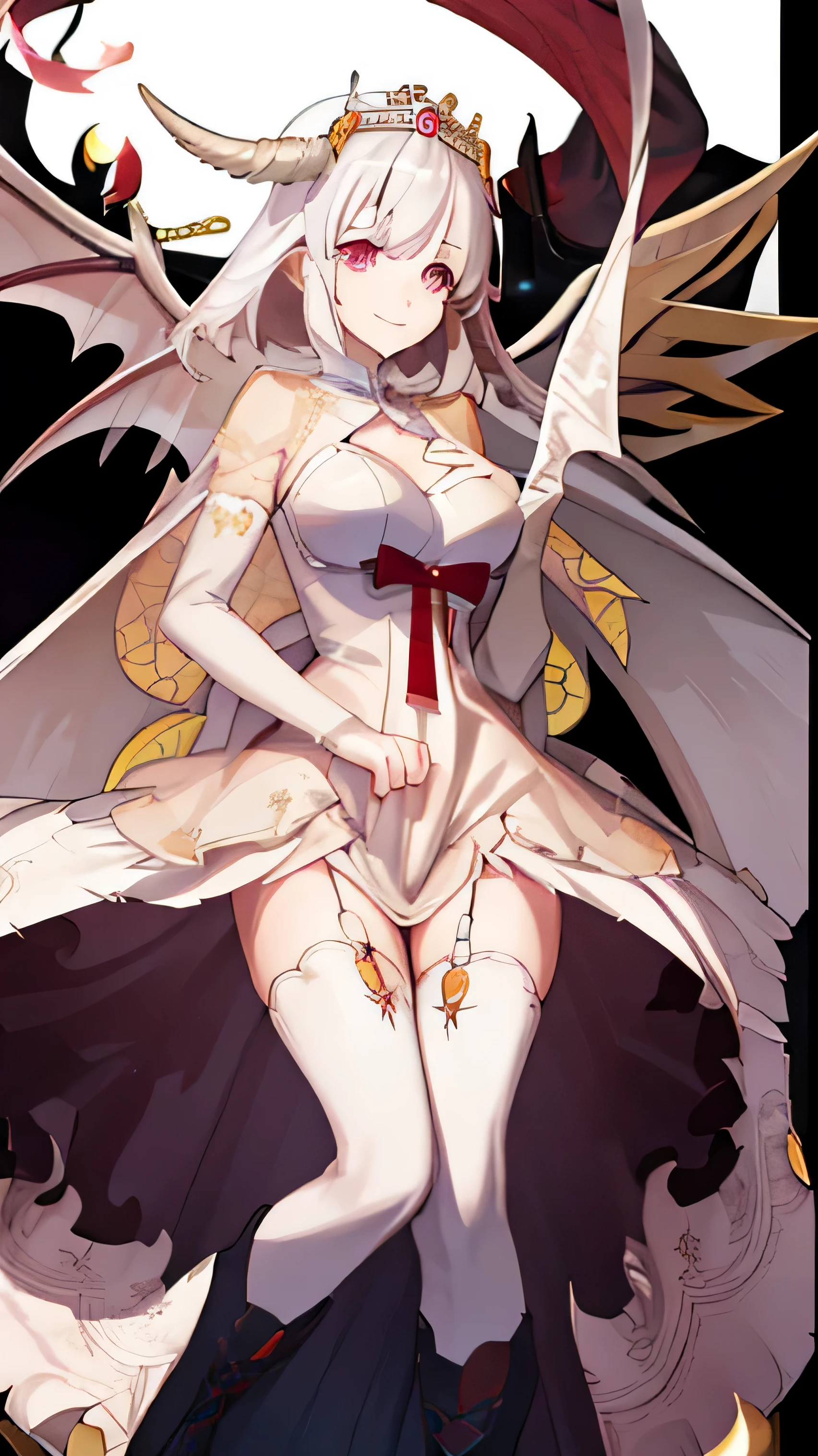 anime girl with dragon wings,anime girl with white dress,smile,cute, demon anime girl, beautiful succubus, anime monster girl, mika kurai demon, succubus, dragon girl, demon girl, succubus | medieval, demoness, succubus in tight long dress, hajime yatate, lamia, giesha demon, monstergirl, tail, tail pink, tail vore,tail forward, seductive tail, cute, White hair, long hair, stand up, medium breast, in the church, praying,angel and devil wings,