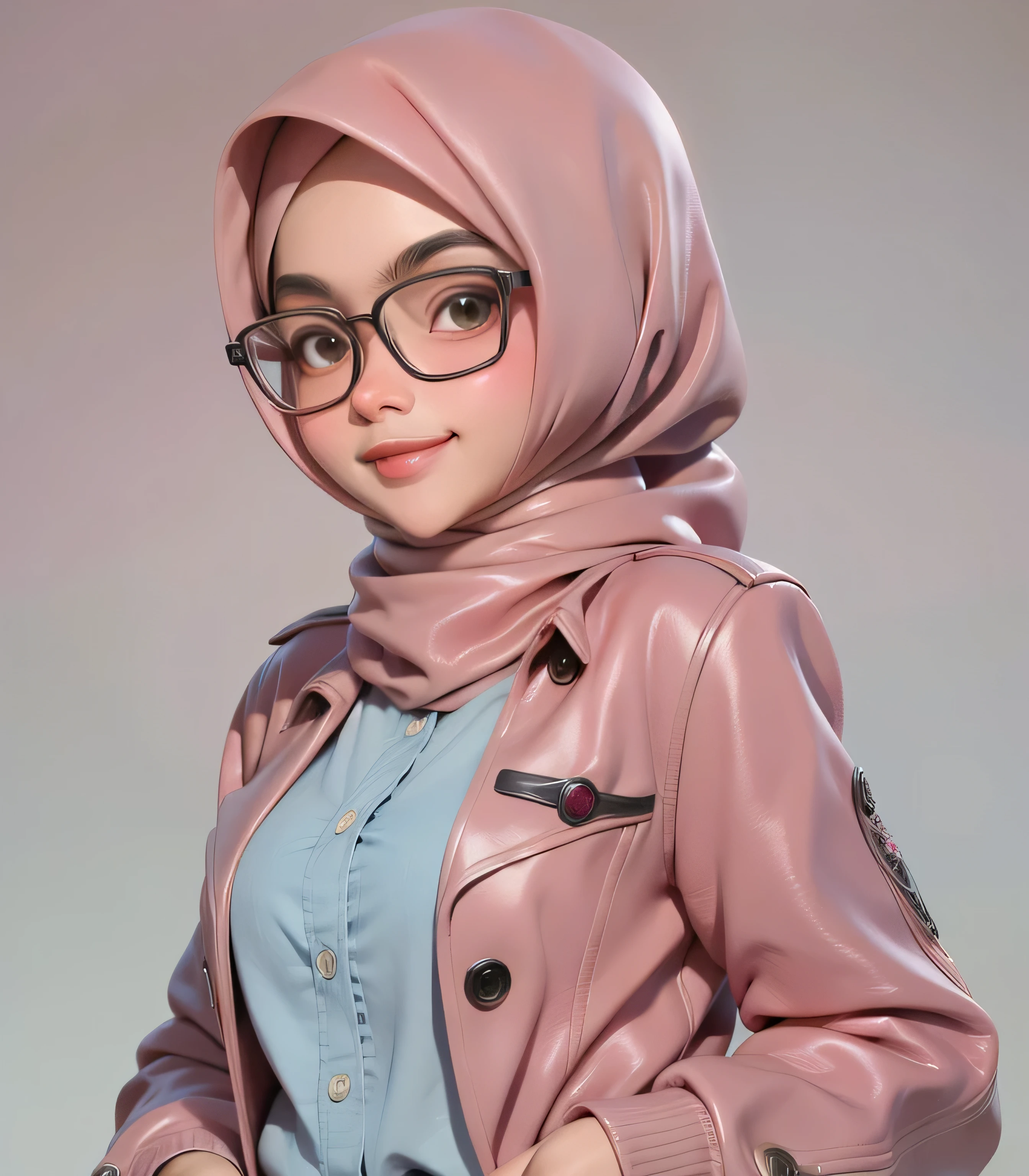 （tmasterpiece），（best qualtiy：1.0），（ultra high resolution：1.0），A detailed illustration，8K，There is a woman hijab in glasses and a pink jacket looking at the camera, Very detailed anime style，the soft light。Q version, Q version, Q version, smile