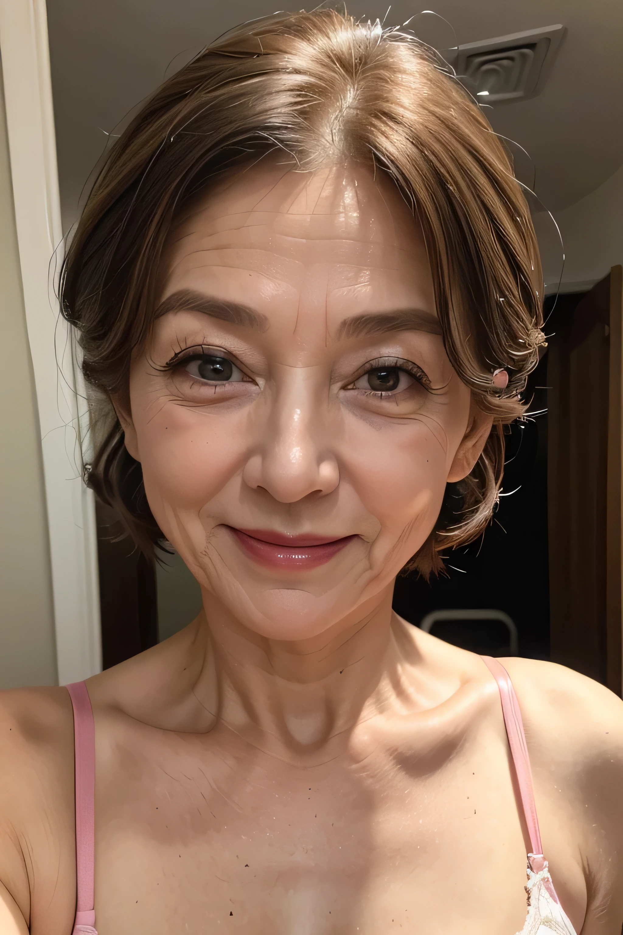 (Masterpiece:1.4),(60-year-old woman:1.4),(Wrinkles on the face1.2),smile,lingerie