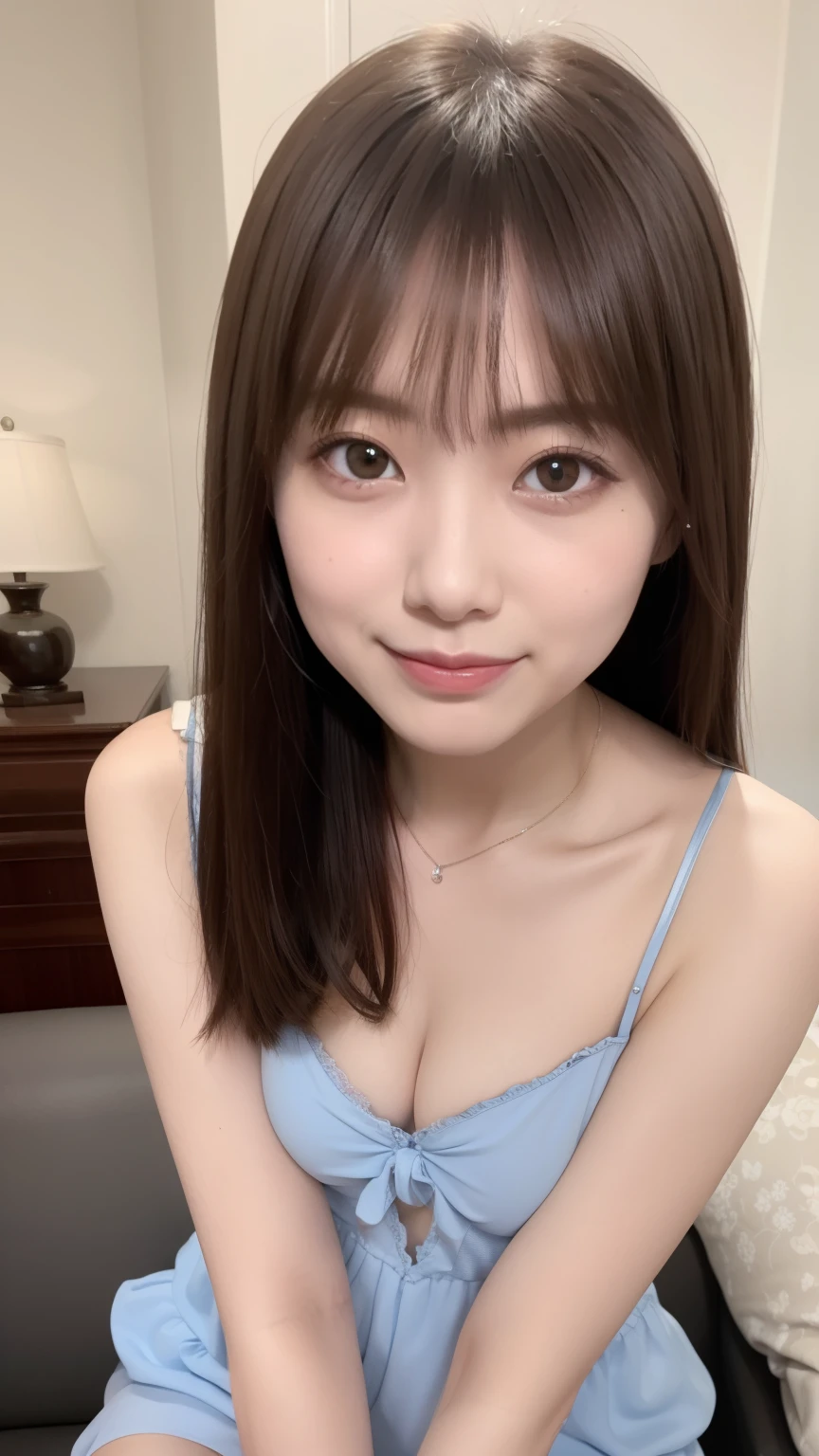 bright表情、photorealistic stick:1.32、highest quality、超A high resolution、Photos of the most beautiful Japan girls、cute and beautiful face details、small face、(Pueros face_V1:0.008)、美しいbangs、、Brilliant white skin、hair gets tangled in face、顔まで伸びるbangs、bangs、hair between eyes、super long hair、charming brown silky hair、bright、Clear light blue eyes shine charmingly、ample breasts、ダイナミックなポーズhighest quality、disorganized、((the cutest girl in the world))、Japanese、14 years old on the sofa bed、((dress with frills:1.3))、(half up hair:1.3)、(tie with a thin ribbon)、nice and cute、innocent smile、nice smile、Bumpy chest、(small breasts:1.3)、slouch、ponytail、brown hair、thin waist、detailed beautiful eyes、face forward、Upper body、close up of face、Front view、