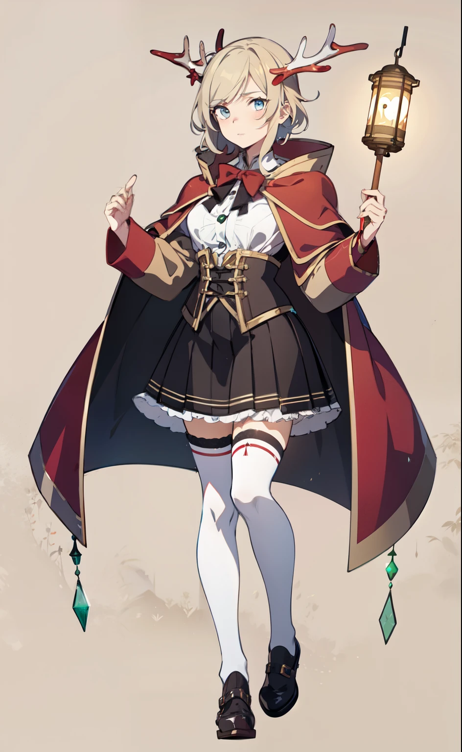 soft forest background, anime style, top-quality, character design, banner art, 1girl, mature, fluffy short beige hair, ice blue eyes, fantasy medieval, adventurer gear, (lantern on antler staff:1.3), fullbody, white blouse, simple red cloak, red riding hood, skirt, stockings, antlers, (genshin character:0.9), boyish features