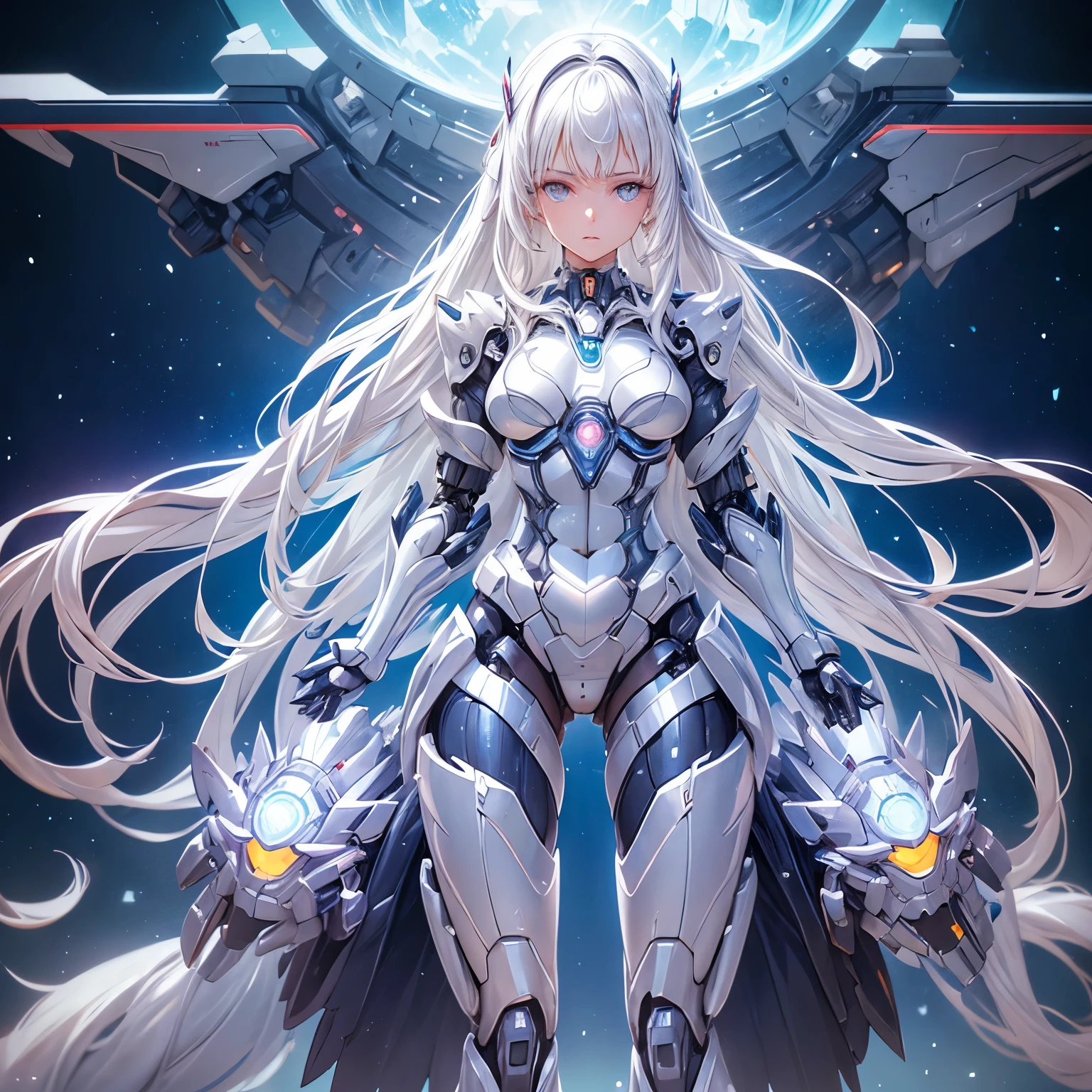 ((girl, Mecha)), glowing eyes, delicate face, broken armor, Mechanical aura, Mechanical arm, white hair, long hair, ceramic body, Thigh clearance, small breasts, network background, very nice city, (translucent, reflective skin), 8K, best quality, Super detailed, (Surrealism: 1.4),