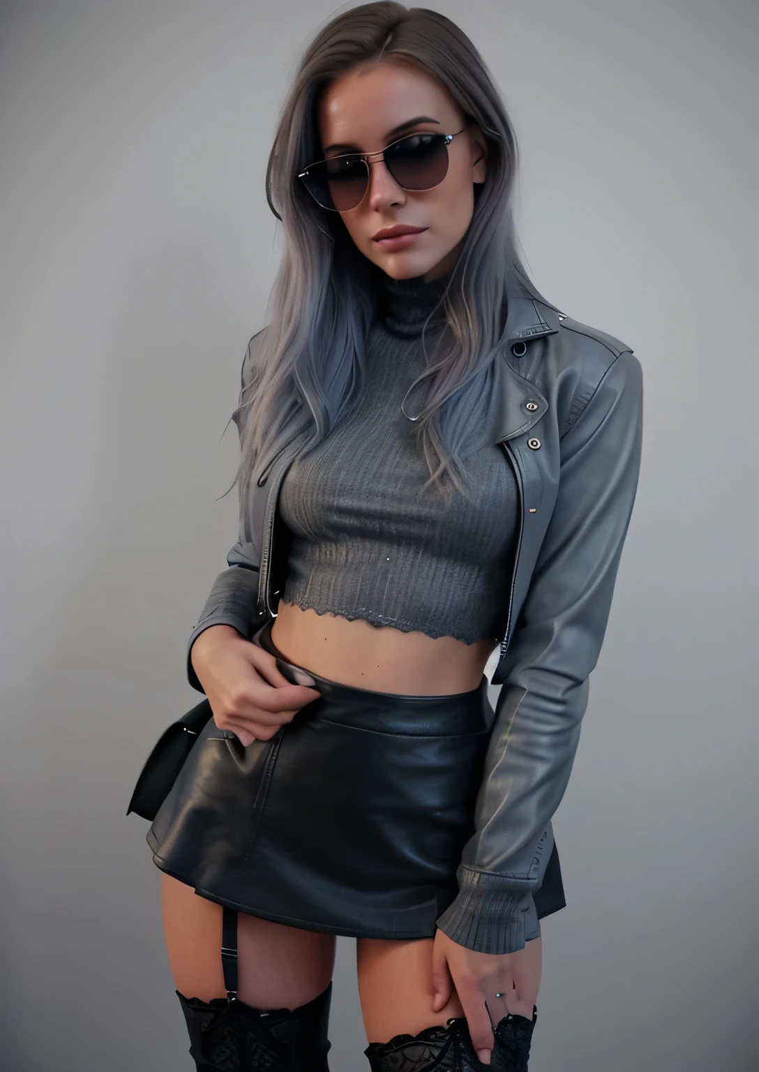 A very beautiful young woman, looking very beautiful, with her hair in shades of grey-blue in a 1.3 ombre style, taken with an iPhone camera, the photo has a film grain effect and is of medium quality. The woman is wearing a crop top, a leather jacket, a very short mini skirt, lacy stockings, and knee-high boots.