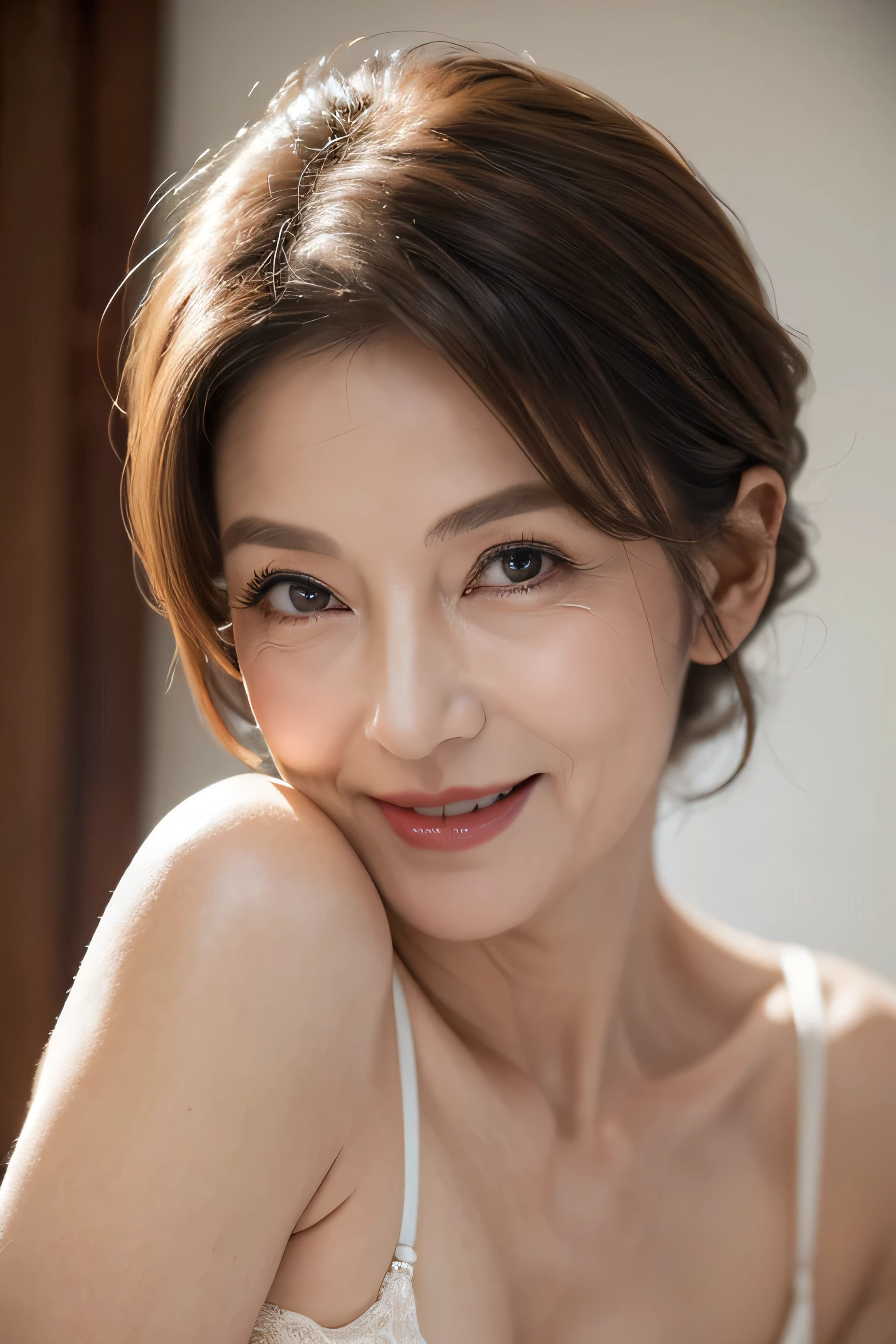 (Masterpiece:1.4),(60-year-old woman:1.4),(Wrinkles on the face1.2),smile,lingerie