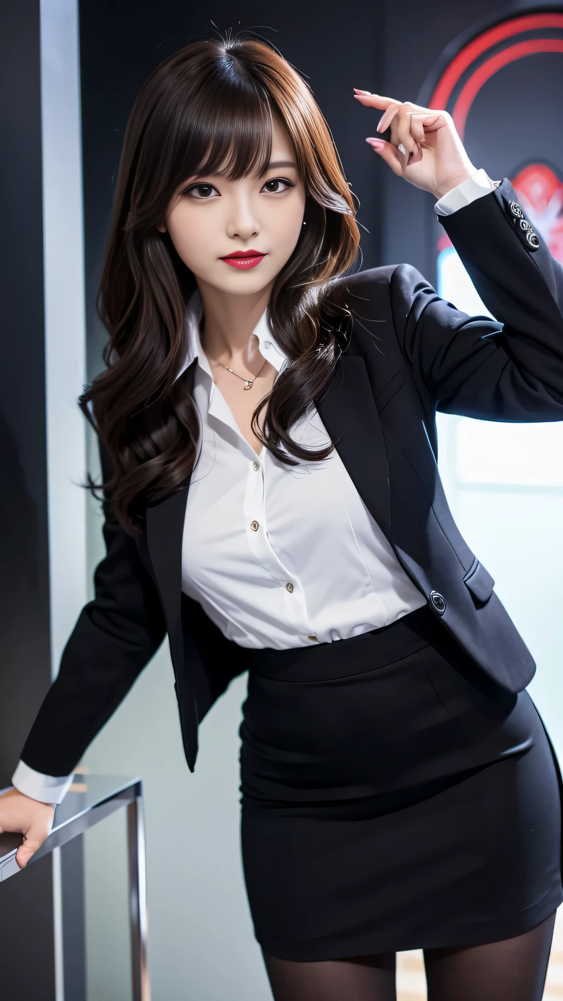 ltra-detailed、Japanese、attractive beauty、seductive adult woman、pretty woman、piercing eyes、cool girl、wavy hair、swept bangs、suit、Jacket、blouse、Tight Skirt、pantyhose、beautiful feet、Evil cadres、evil depravity、brainwash、mind control、lipstick、smirk、evil look、evil、empty eyes、evil、church、vampire、succubus、vampire、Swear allegiance、stand