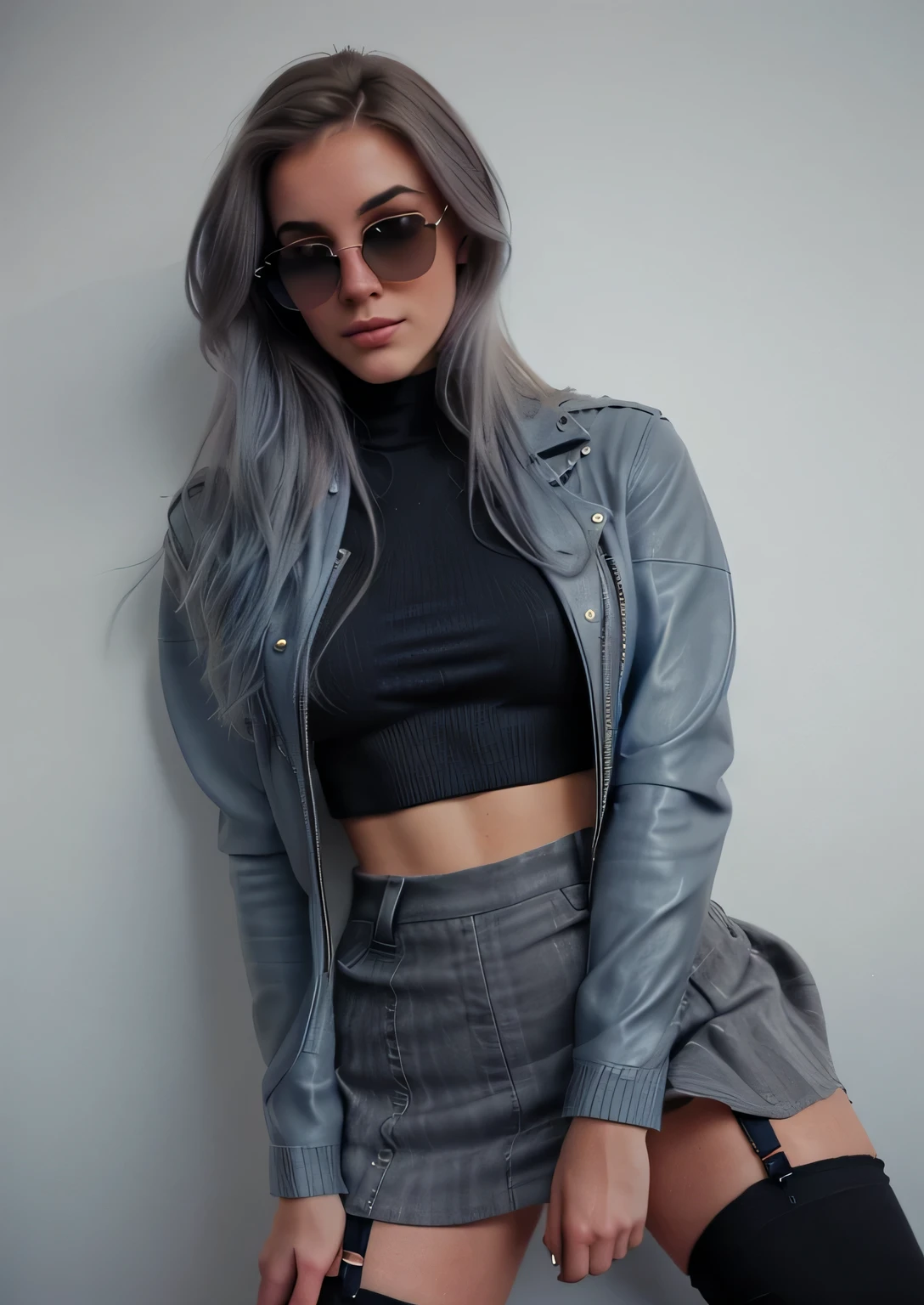 A very beautiful young woman, looking very beautiful, with her hair in shades of grey-blue in a 1.3 ombre style, taken with an iPhone camera, the photo has a film grain effect and is of medium quality. The woman is wearing a crop top, a leather jacket, a very short mini skirt, lacy stockings, and knee-high boots.