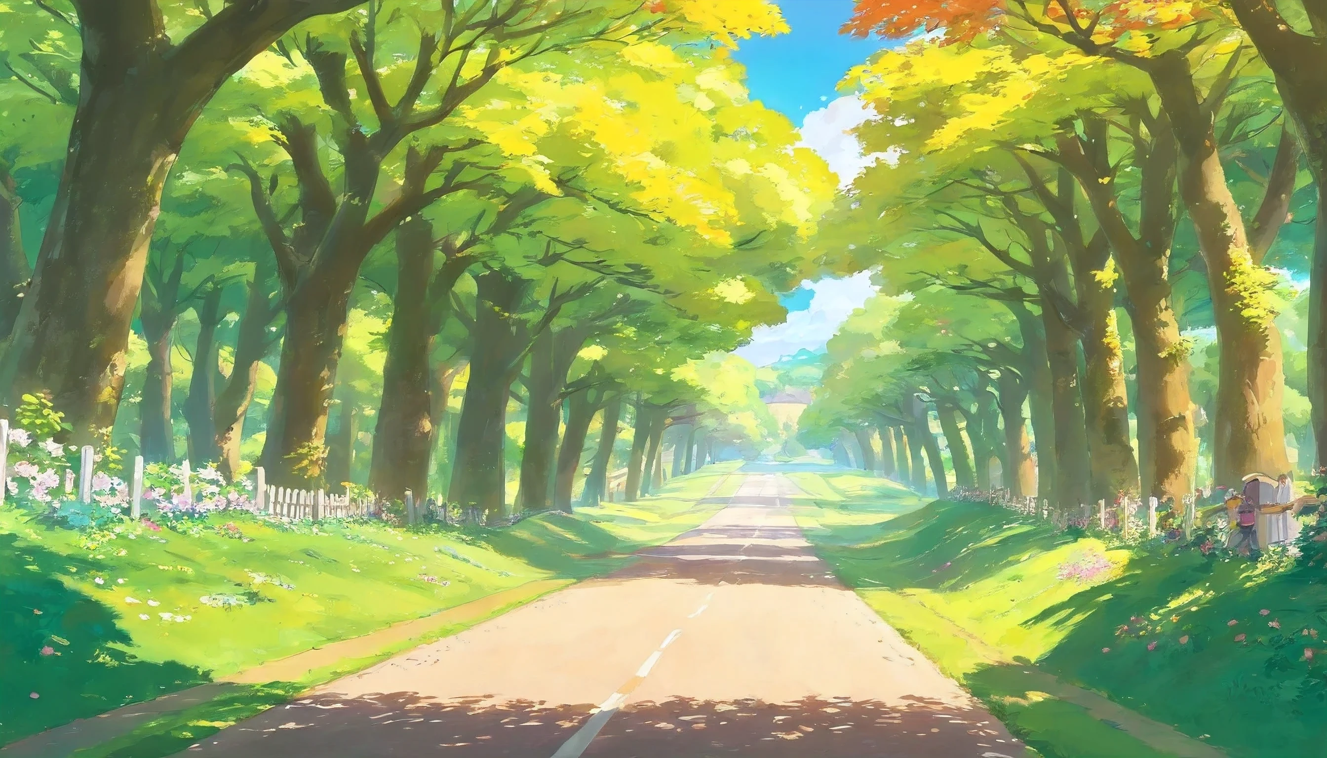 bright sunny day, road leading to a village, road surrounded by trees full of leaves, trees blossoming,