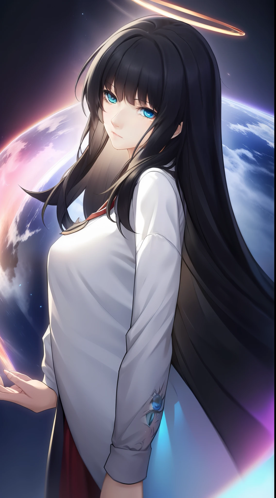 neanis, long hair, black hair, cyan eyes, red sweater, small breast, white uniform, black hole background, cyan halo above, standing, visual novel cg style, faint smile, BREAK looking at viewer, BREAK (masterpiece:1.2), best quality, high resolution, unity 8k wallpaper, (illustration:0.8), (beautiful detailed eyes:1.6), extremely detailed face, perfect lighting, extremely detailed CG, (perfect hands, perfect anatomy)
