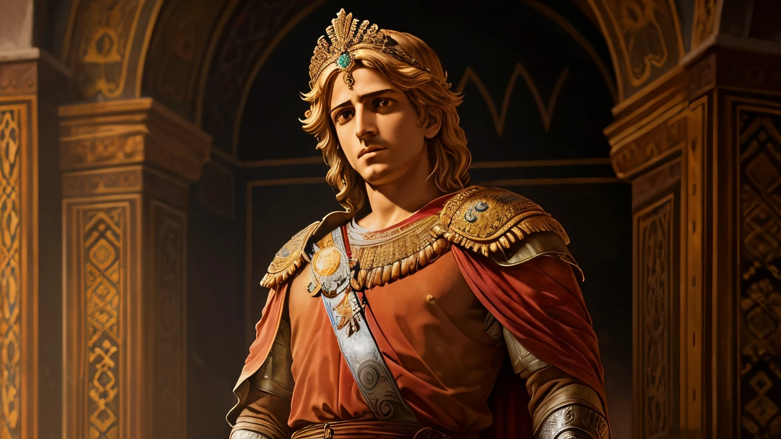 Alexander the Great crowned king of Macedonia, representation of the year 327 BC: realistic epic, soft cinematographic portrait, Adobe Lightroom, photography laboratory, muy detallado, despondent, (colores neutros: 1.2), (HDR: 1.4), (colores suaves: 1.2) ), hiperdetallado, (art station:1.4), cinematographic, warm lights, dramatic light, (Detalles intrincados:1.1), fondo complejo, (rutkowski:0.66), (azul y naranja:0.4)