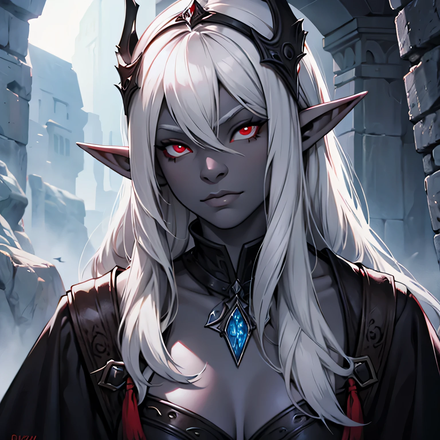 Drow Elf, grey skin, red eyes, dungeons and dragons