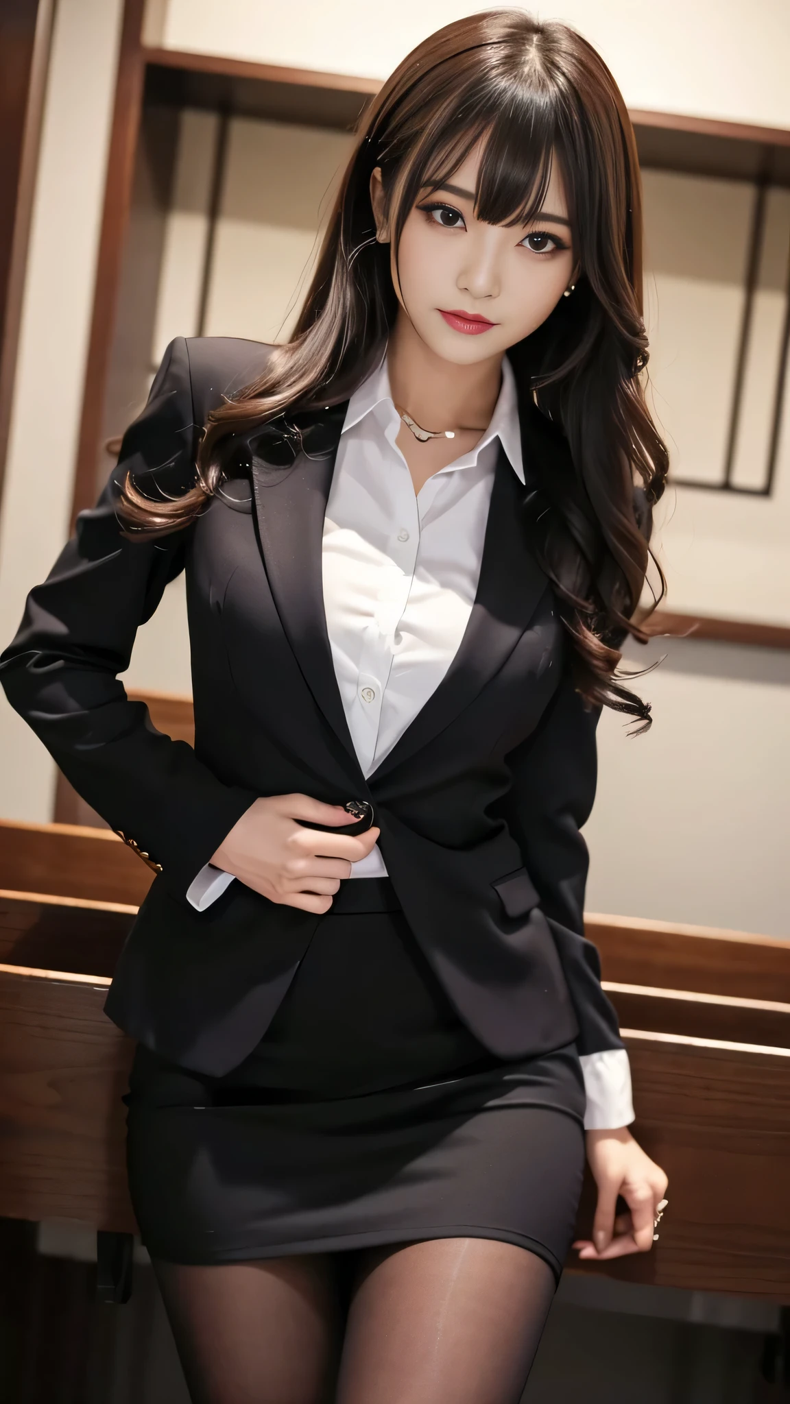 ltra-detailed、Japanese、attractive beauty、seductive adult woman、pretty woman、piercing eyes、cool girl、wavy hair、swept bangs、suit、Jacket、blouse、Tight Skirt、pantyhose、beautiful feet、Evil cadres、evil depravity、brainwash、mind control、lipstick、smirk、evil look、evil、empty eyes、evil、church、vampire、succubus、vampire、Swear allegiance、stand