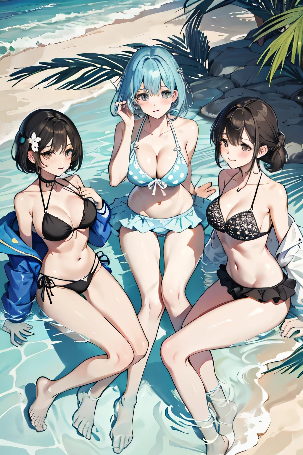 (highest quality、High resolution、detailed background、8K)、masterpiece、beautiful and smooth skin、skin texture、professional lighting、3 beautiful women in their 30s、
brown hair、Braided bob cut、braided ponytail、(huge breasts:1.3)、realistic images、realistic、perfect body line、attractive thighs、plump nipples、attractive ass、sunny day、sandy beach、Show the whole body、
(sandy beachで海水浴を楽しんでいる3 beautiful women in their 30s:1.5)、
playfully splashing water on each other、happy look、smile、open your mouth and laugh、sexual expression、wet swimsuit、the whole body is wet、my hair is wet too、cute、
The rash guard is designed like a long-sleeved jacket and has UV protection.、
Some have cute patterns or character prints.、
The set also includes bottoms, making it a stylish and practical option.、
A one-piece swimsuit with a skirt gives off a feminine and cute look.、
Materials with UV protection functions and colorful designs such as floral and fruit patterns are popular.、
Some skirts are decorated with frills or lace.、
The overall style swimsuit has a cute design and provides full coverage.、
Some come with straps or ribbons, or have animal prints or character designs.、
There are many cute designs of bikini style swimsuits.、
The combination of tops with frills or character prints and bottoms with colorful patterns is popular.、
Mermaid style swimsuits are also suitable for swimming in the sea.、
The top has a shell-shaped or scale pattern design, and the bottom has a mermaid-like shape.、
A tankini is a style of swimwear that combines a bikini top and shorts.、
It can hide your stomach, so you can wear it with confidence even if you are not confident in your girl's body shape.、
Sports swimsuits come in designs for competitive swimming and designs printed with characters from trendy sports brands.、It is also recommended to use sunscreen cream.、cute
