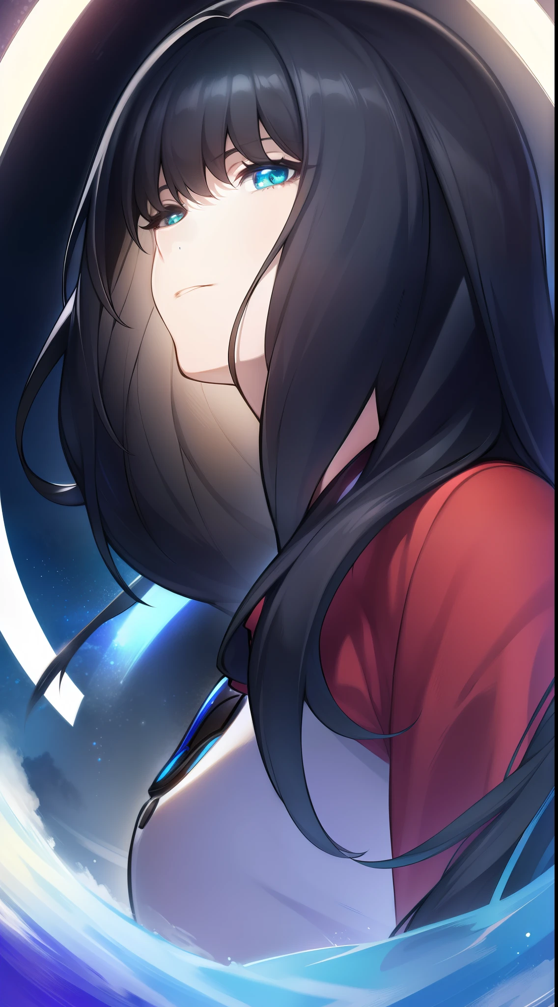 neanis, long hair, black hair, cyan eyes, red sweater, small breast, white uniform, black hole background, cyan halo above, standing, visual novel cg style, faint smile, BREAK looking at viewer, BREAK (masterpiece:1.2), best quality, high resolution, unity 8k wallpaper, (illustration:0.8), (beautiful detailed eyes:1.6), extremely detailed face, perfect lighting, extremely detailed CG, (perfect hands, perfect anatomy)