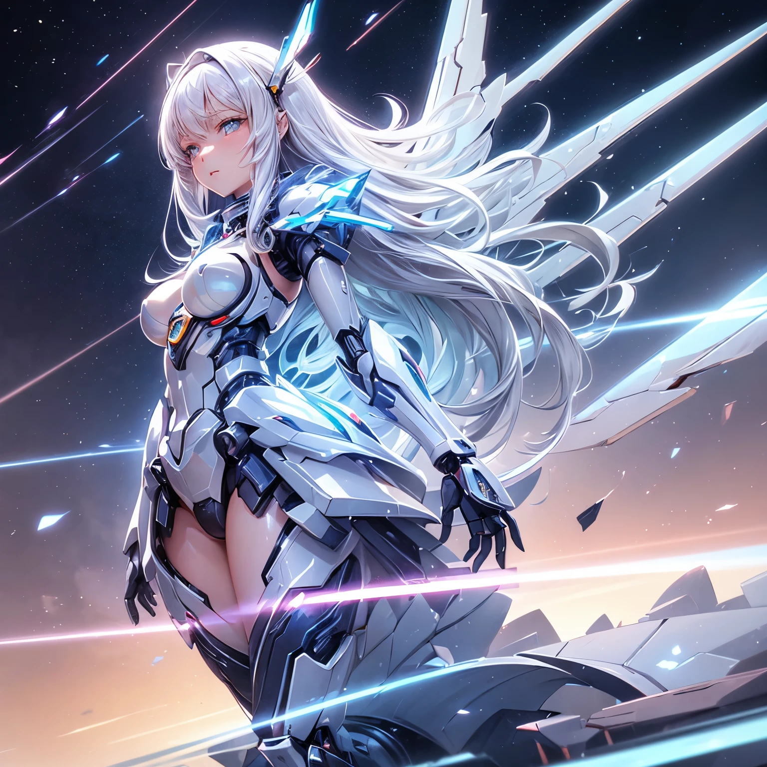 ((girl, Mecha)), glowing eyes, delicate face, broken armor, Mechanical aura, Mechanical arm, white hair, long hair, ceramic body, Thigh clearance, small breasts, network background, very nice city, (translucent, reflective skin), 8K, best quality, Super detailed, (Surrealism: 1.4),