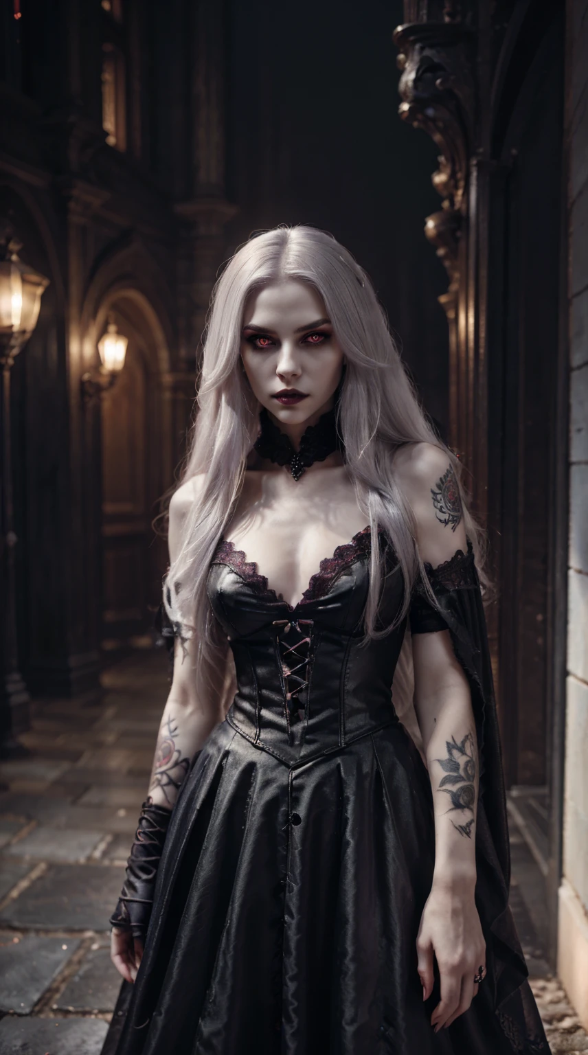 (best quality,4K,8K,High resolution,masterpiece:1.2),super detailed,(actual,photoactual,photo-actual:1.37),gothic style,The atmosphere is gloomy,dark shadow,Strange,unforgettable beauty,vampire girl,Red eyes,Pale complexion,long hair,flowing long skirt,lace, short sleeves, collar,lace gloves,Purple eye makeup,night view,Mysterious moonlight,a hint of blood red,Gloomy and mysterious,Palette: Deep black and rich purple,dramatic lighting,Ethereal and supernatural beings,Photo of white-haired tattooed female warrior standing in the middle of neon street