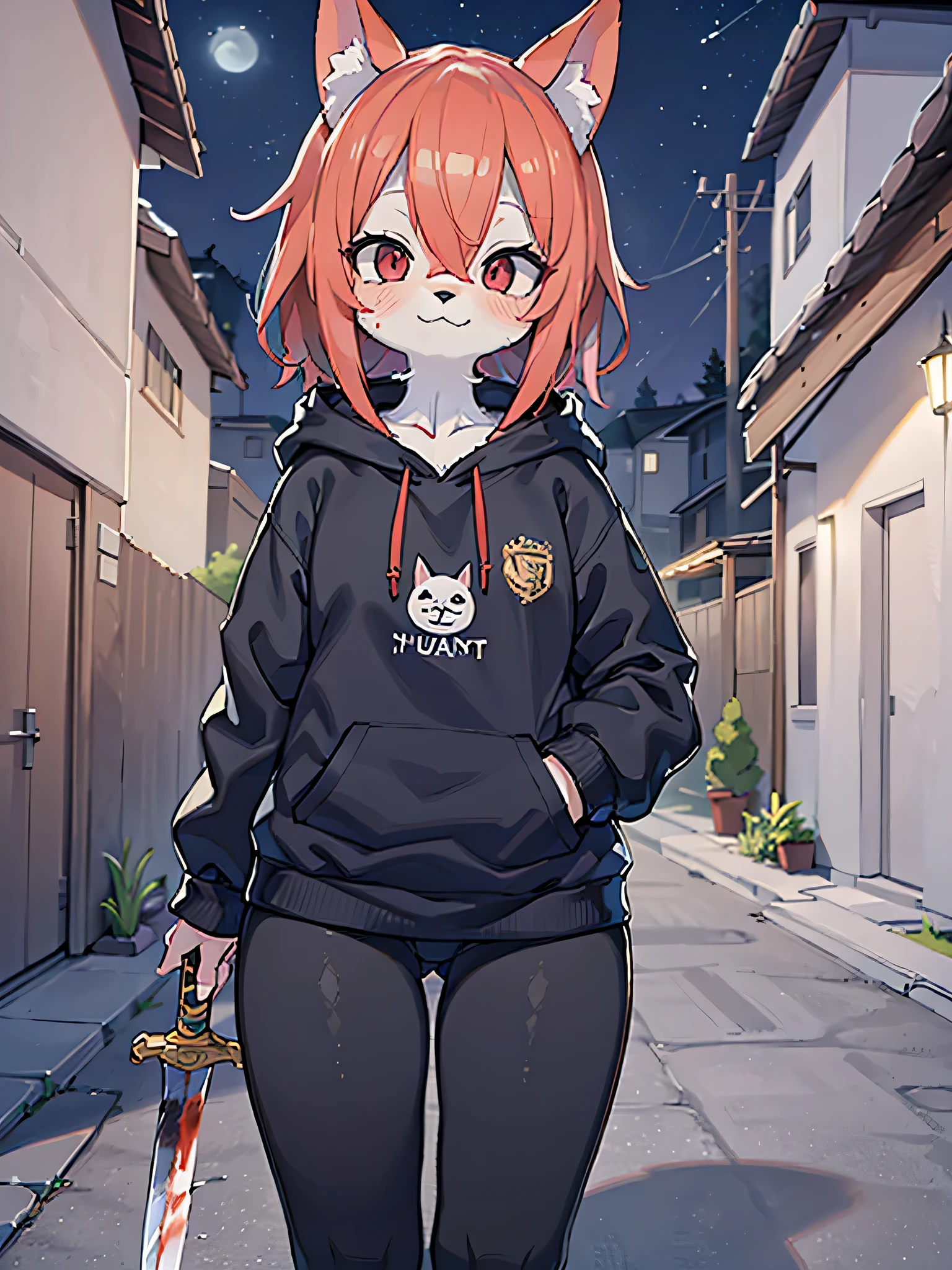 ((masterpiece, highest quality)), intricate details, 8K, Cat ear, 1 girl, red eyes, slender body shape, Alley, anime, expensive, bright red hair color, black hoodie and black pants, furry, in the middle, smile, short hair, Are standing, hair between eyes, blood on clothes, mouth open, Holding a sword in his hand, night
