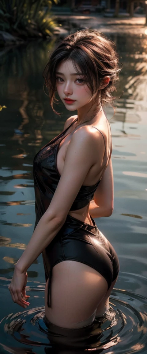 ((masterpiece, highest quality, Highest image quality, High resolution, photorealistic, Raw photo, 8K)), Evening Pond, Silhouette of a woman bathing in the backlight, 