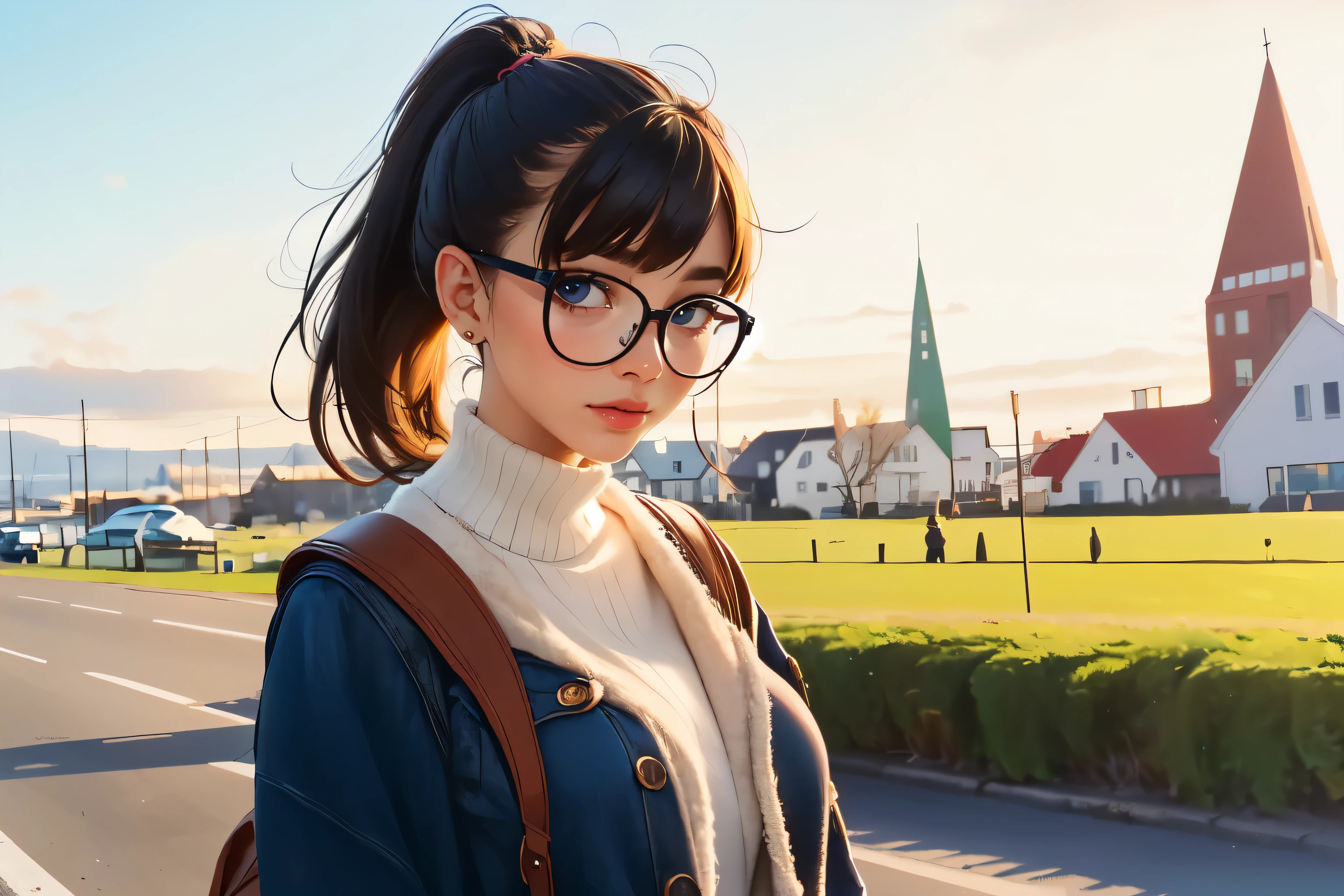 ((Wide angle)) Beautiful female tourist, black hair, ponytail, bangs, large glasses, smock, ((wearing a preppy style outfit)), morning light, Reykjavik, Iceland