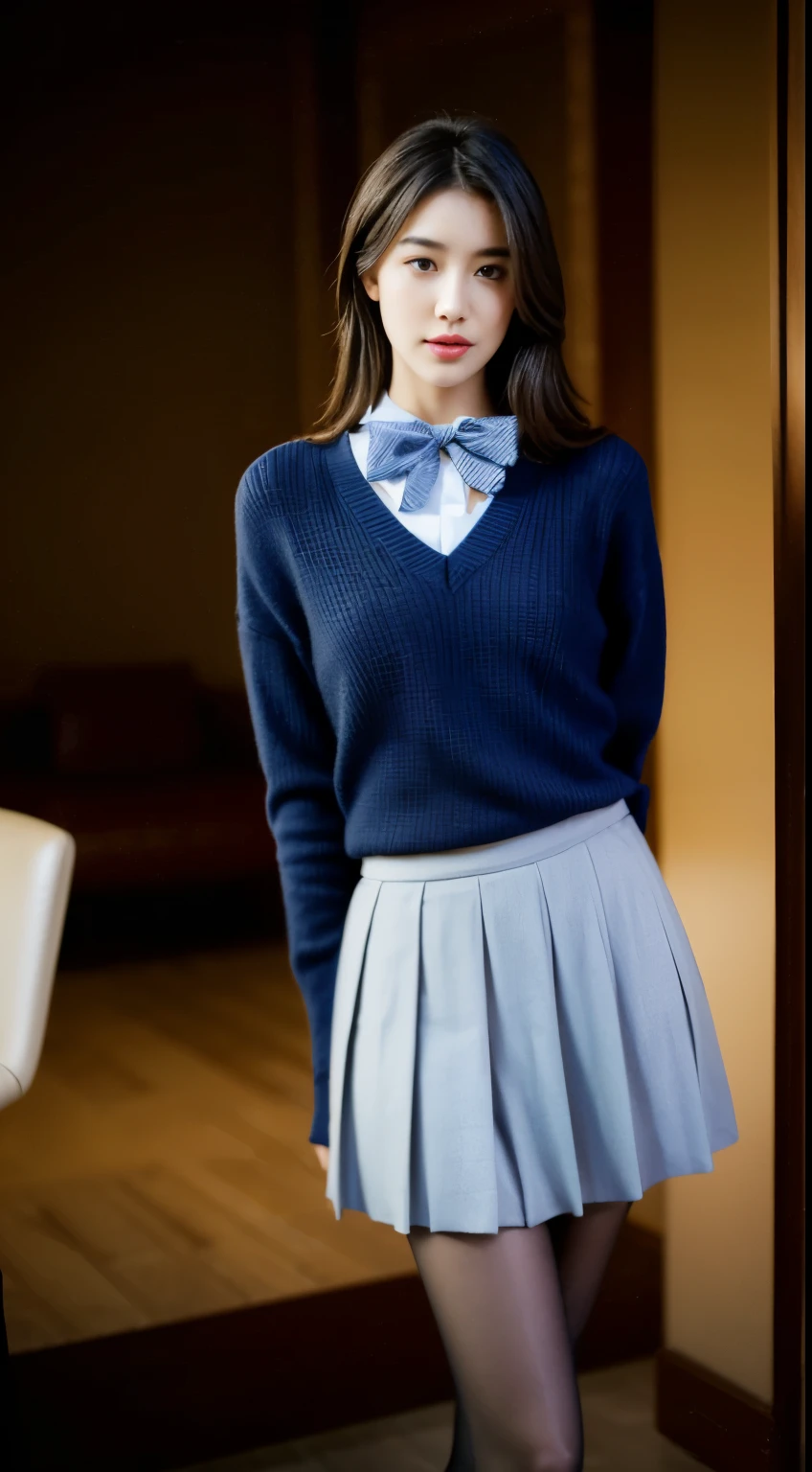 best quality, masterpiece, High resolution,8K,(realistically:1.4),超High resolution,1 girl, super detailed, Surrealism, Very detailed CG illustrations, official art, Light, actual, beautiful young girl, Perfect body, Perfect body, full view, Perfect body, (start from below:1.3), 的posture, Sexy long legs, knitwear,confident, beautiful and sexy, student ,a blue tie,bowtie, A-line pleated skirt,Polite, S-shaped body, Buttocks raised,placed in a,posture,Different perspectives