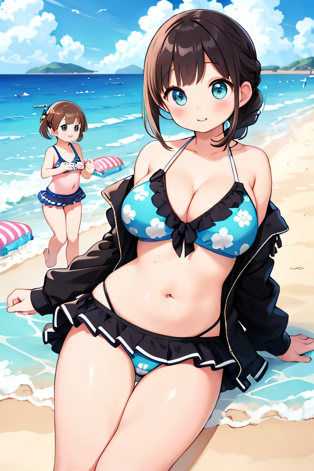 (highest quality、High resolution、detailed background、8K)、masterpiece、beautiful and smooth skin、skin texture、professional lighting、3 beautiful women in their 30s、
brown hair、Braided bob cut、braided ponytail、(huge breasts:1.3)、realistic images、realistic、perfect body line、attractive thighs、plump nipples、attractive ass、sunny day、sandy beach、Show the whole body、
(sandy beachで海水浴を楽しんでいる3 beautiful women in their 30s:1.5)、
playfully splashing water on each other、happy look、smile、open your mouth and laugh、sexual expression、wet swimsuit、the whole body is wet、my hair is wet too、cute、
The rash guard is designed like a long-sleeved jacket and has UV protection.、
Some have cute patterns or character prints.、
The set also includes bottoms, making it a stylish and practical option.、
A one-piece swimsuit with a skirt gives off a feminine and cute look.、
Materials with UV protection functions and colorful designs such as floral and fruit patterns are popular.、
Some skirts are decorated with frills or lace.、
The overall style swimsuit has a cute design and provides full coverage.、
Some come with straps or ribbons, or have animal prints or character designs.、
There are many cute designs of bikini style swimsuits.、
The combination of tops with frills or character prints and bottoms with colorful patterns is popular.、
Mermaid style swimsuits are also suitable for swimming in the sea.、
The top has a shell-shaped or scale pattern design, and the bottom has a mermaid-like shape.、
A tankini is a style of swimwear that combines a bikini top and shorts.、
It can hide your stomach, so you can wear it with confidence even if you are not confident in your girl&#39;s body shape.、
Sports swimsuits come in designs for competitive swimming and designs printed with characters from trendy sports brands.、It is also recommended to use sunscreen cream.、cute