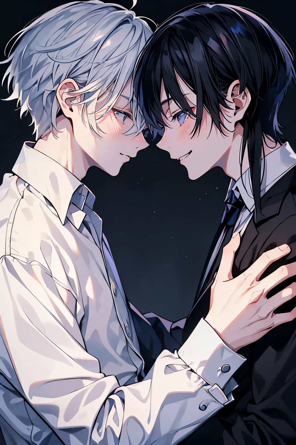 (muste piece), (best quality), very detailed, ((two men intimate)), perfect face, beautiful face, very detailed顔,(black haired man:1.3),(white haired man:1.3),suit,shirt,smile