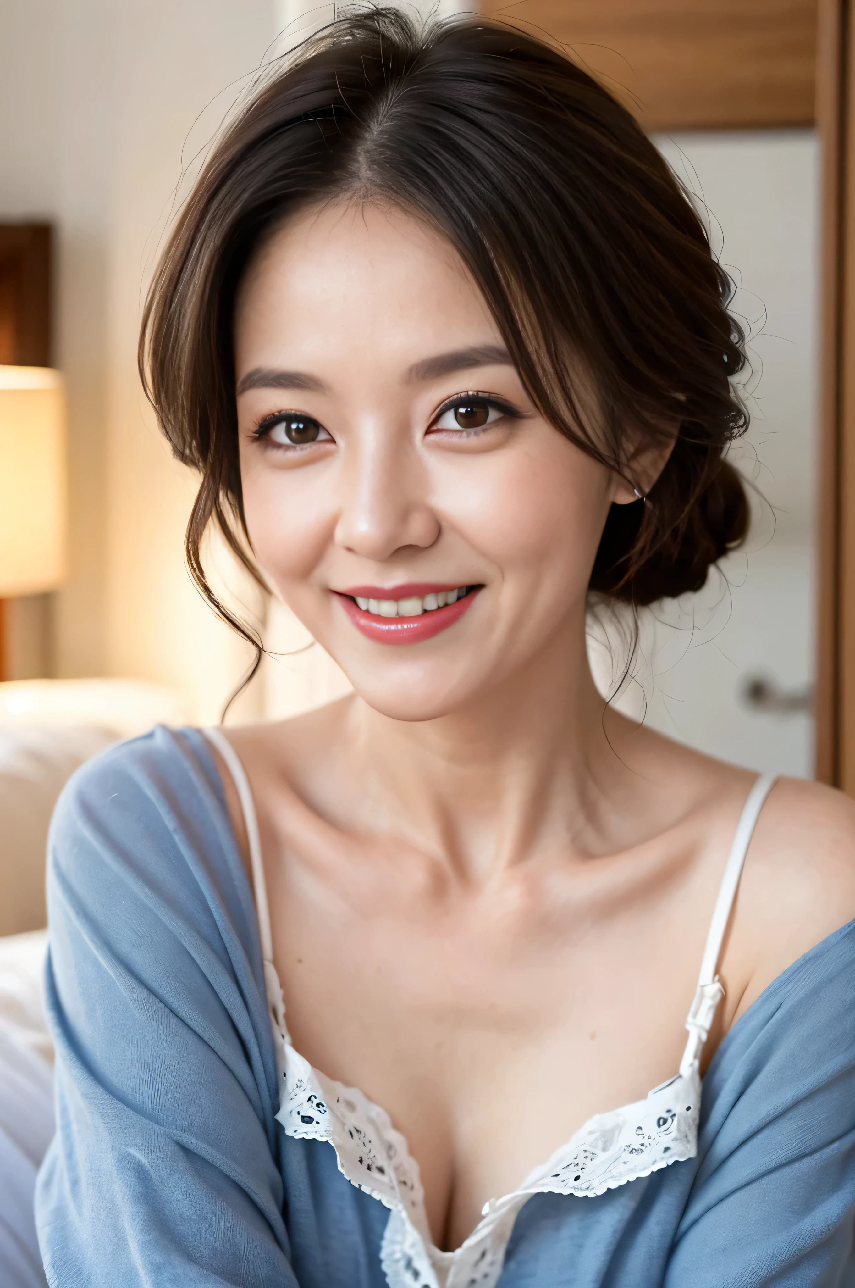 (60 year old woman:1.3),(((facial wrinkles:1.2))),,smile,(spread legs:1.2),cute clothes,