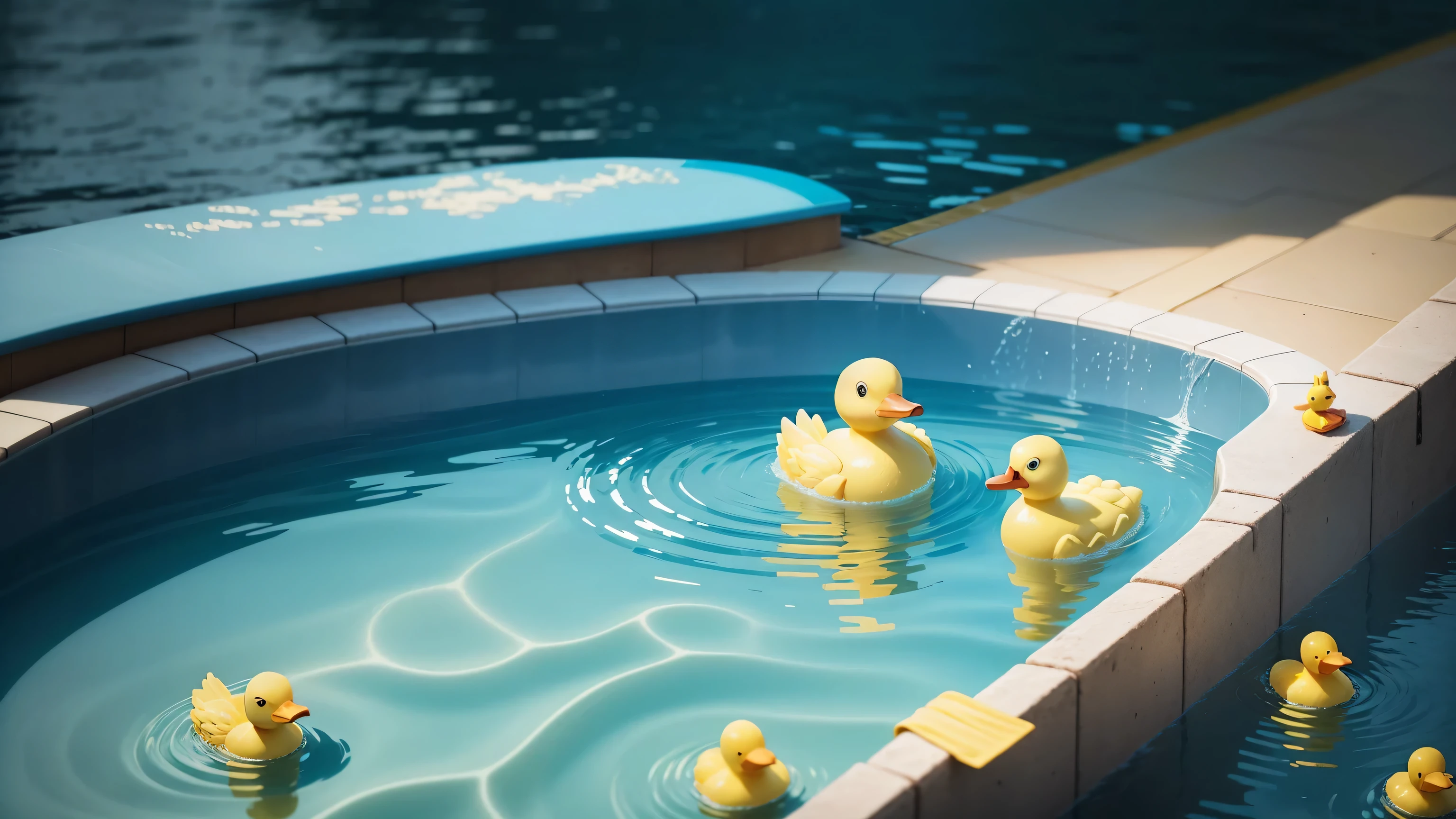there is a yellow rubber duck floating in a pool of water, rubber ducky, rubber duck, in a swimming pool, floating in water, inspired by Chris LaBrooy, shutterstock, high quality wallpaper, hd wallpaper, floating, subject= duck, character is half in the water, animated film, inspired by Jacob Duck, sitting in the pool