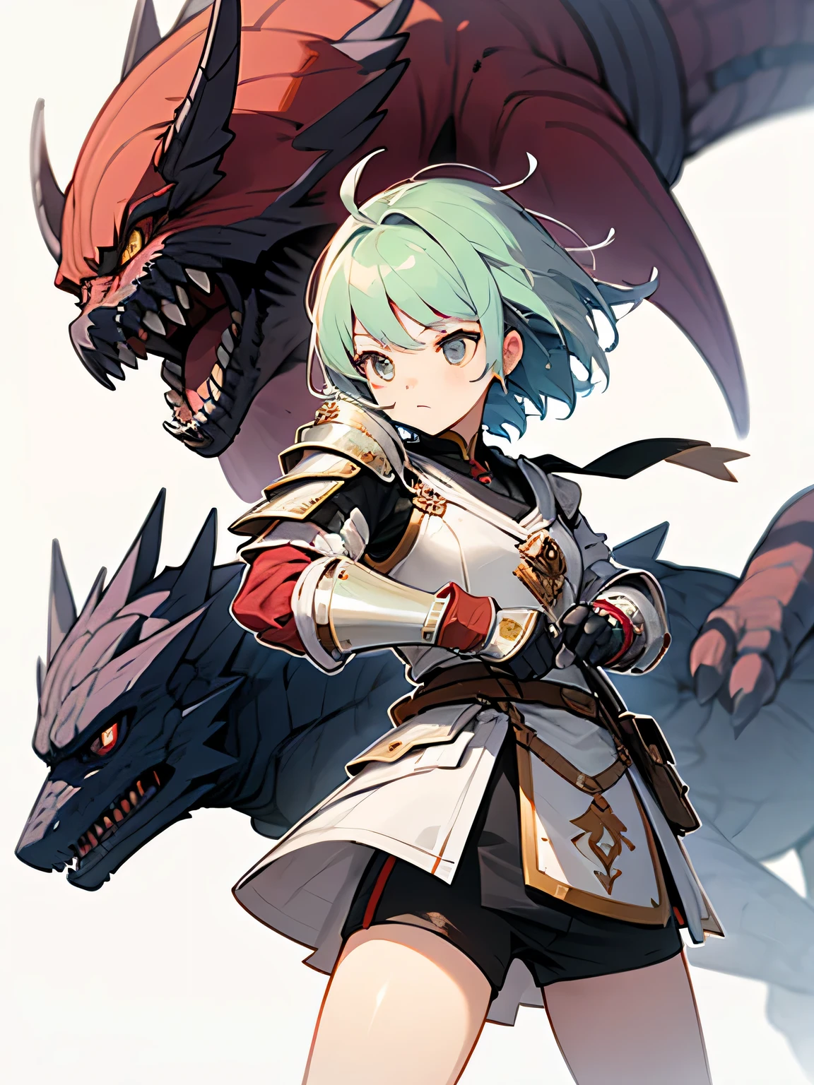 1girl、White background、pastel style、shortcut、warrior、armor、pocket、fight monsters