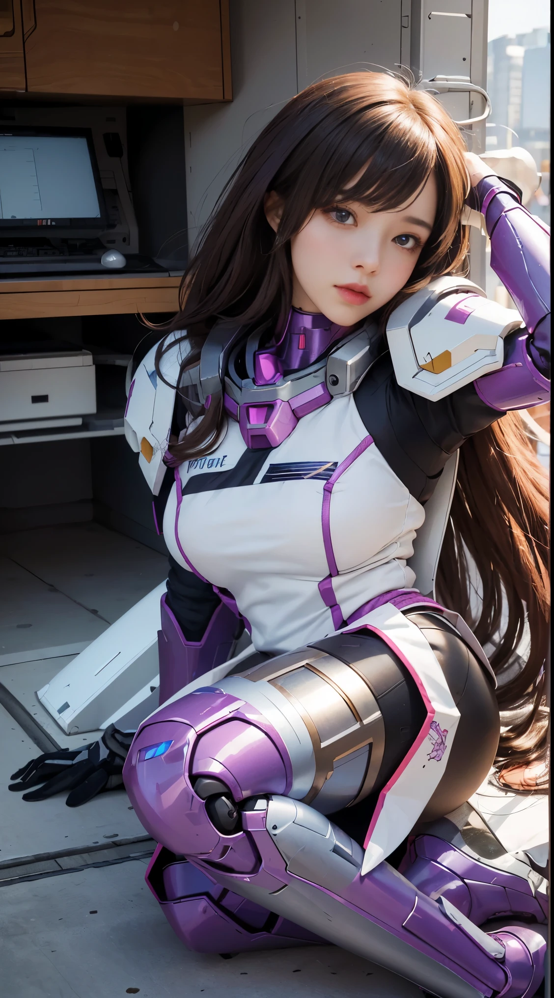 RAW, Masterpiece, Ultra Fine Photo,, Best Quality, Ultra High Resolution, Photorealistic, Sunlight, Full Body Portrait, Stunningly Beautiful,, Dynamic Poses, Delicate Face, Vibrant Eyes, (Side View) a close up of a woman in a pink and white gundam custume, dybamic pose, long brown very very long hair rapunzel, girl in mecha cyber armor, portrait armored astronaut girl, d. va from overwatch, female mecha, on a gundam, gundam head, chiho aoshima color scheme, mobile suit, streamlined purple armor, fully robotic!! girl, realistic cosplay, gundam armor (dynamic pose) (best cameraview), full body