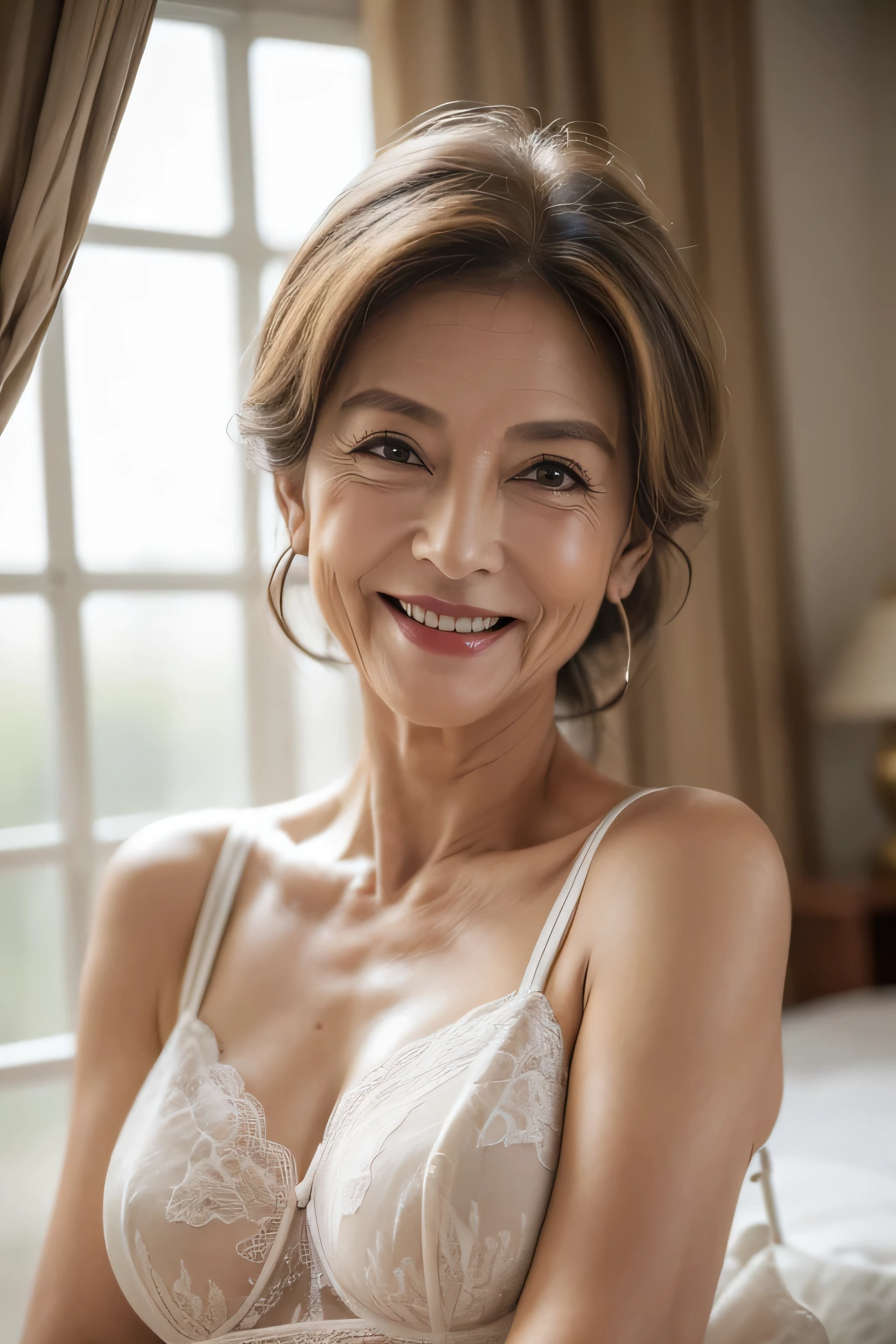 (Masterpiece:1.4),(60-year-old woman:1.4),(Wrinkles on the face1.2),smile,lingerie