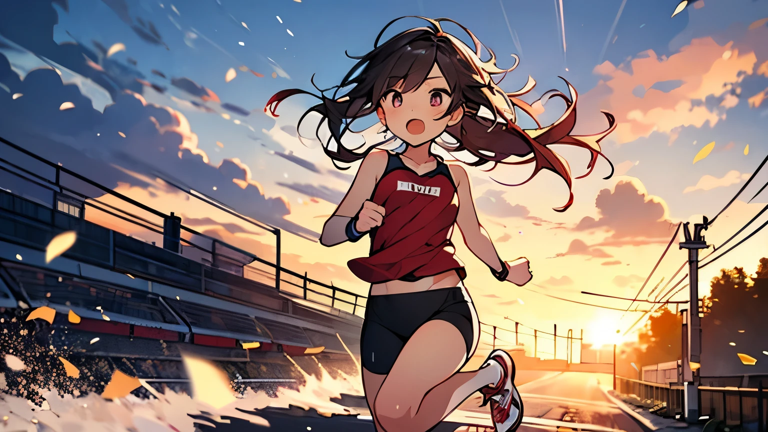 1girl,solo,cute,outdoor,in athletics track,student,sports wear,big breast,cleavage,sunset,from the front,give the bottle