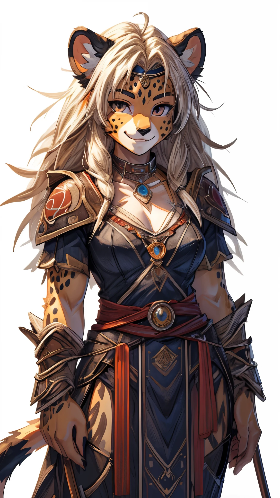 (Masterpiece, best quality), detailed, ((character art, full of details, Anime Babe, Wallpaper, Game Illustration, Animagine XL Babe, Fan Art, Animated)), (AFK_Arena, Antandra, cheetah girl, monstergirl)), (1woman, female, tribal clothes, tribal cloth dress), (cheetal skin, cheetal ears and tail) , (detailed eyes), detailed face, ((happy face expressions smiling)), athletic physical form, ((white blonde color long hair)), ((holding spear, holding weapon)), (simple background, white background: 1.3)