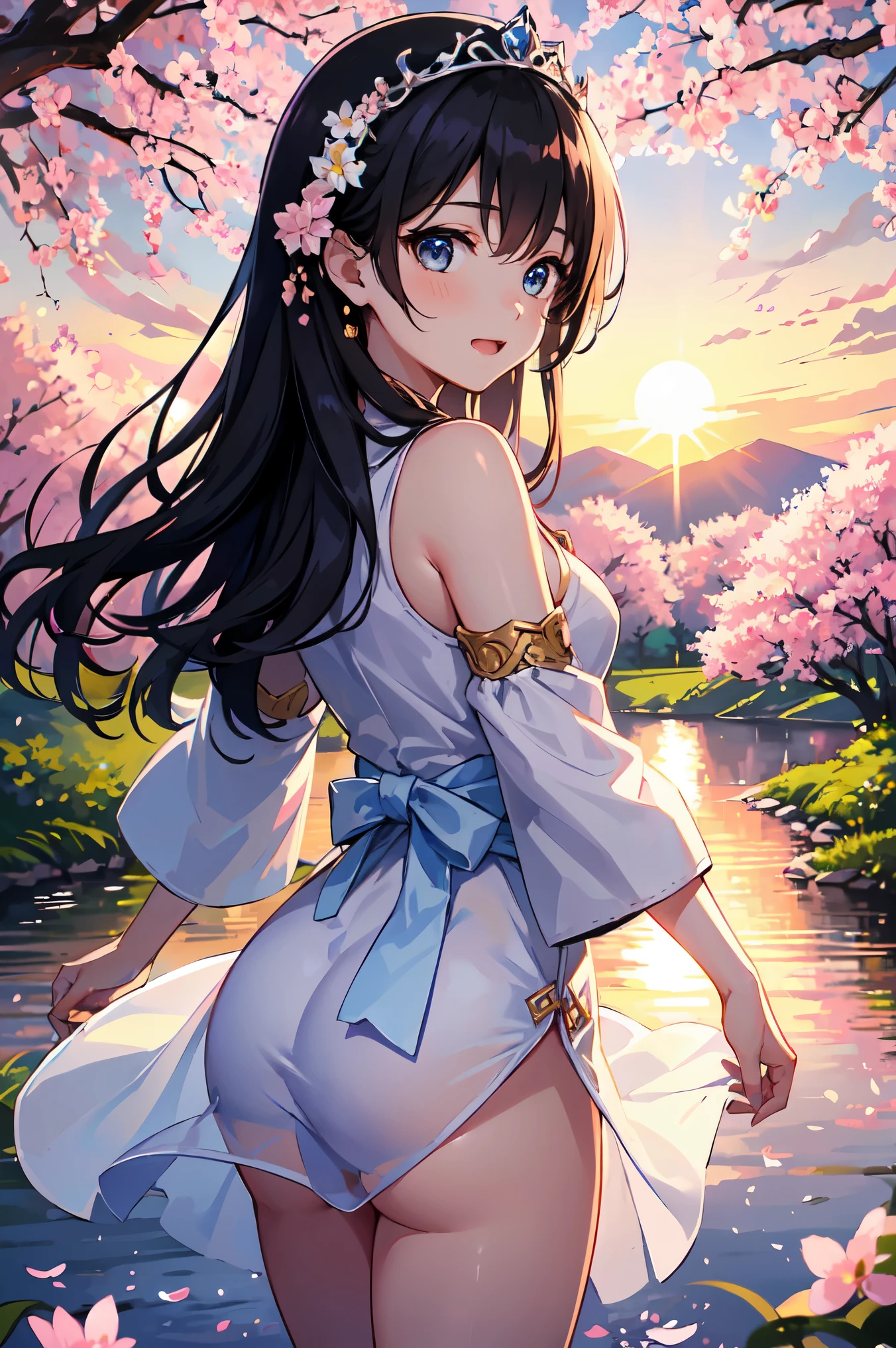 highest quality、very delicate and beautiful、masterpiece、sunset、evening、18-year-old 、Japanese、、black haired、blue eyes、shiny skin、valley、white dress、Tiara on the head、laughter、standing、backwards、butt、Prickett、Pond in the background、forest、cherry blossoms