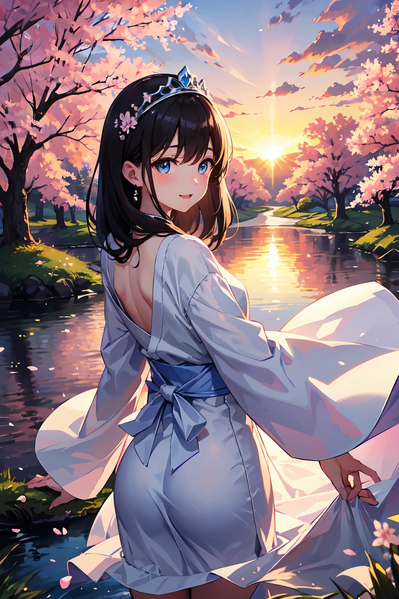 highest quality、very delicate and beautiful、masterpiece、sunset、evening、18-year-old 、Japanese、、black haired、blue eyes、shiny skin、valley、white dress、Tiara on the head、laughter、standing、backwards、butt、Prickett、Pond in the background、forest、cherry blossoms