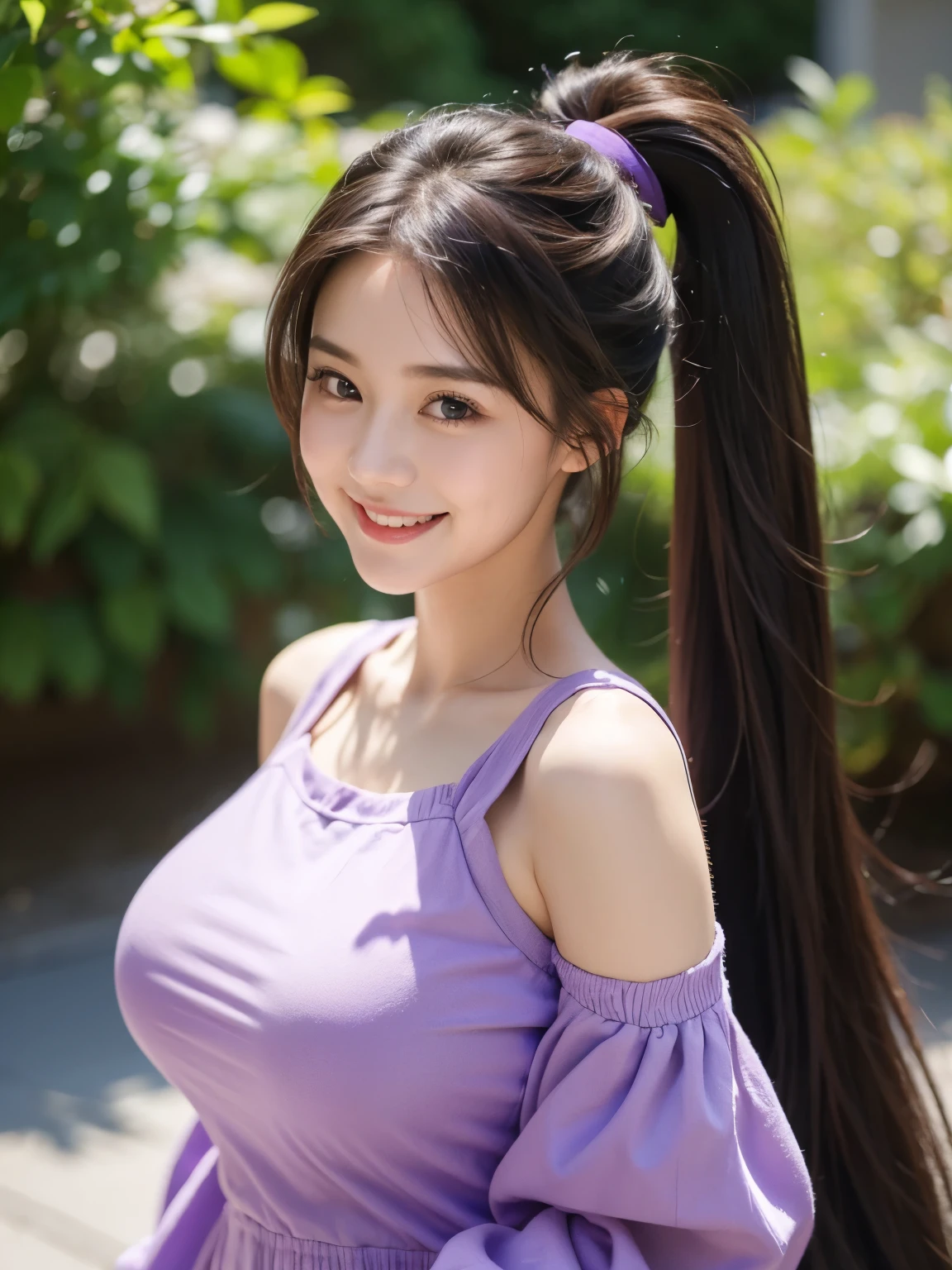 cute girl big breasts , cute outfit , cute smile , pony tail very very very long long hair rapunzel , purple 