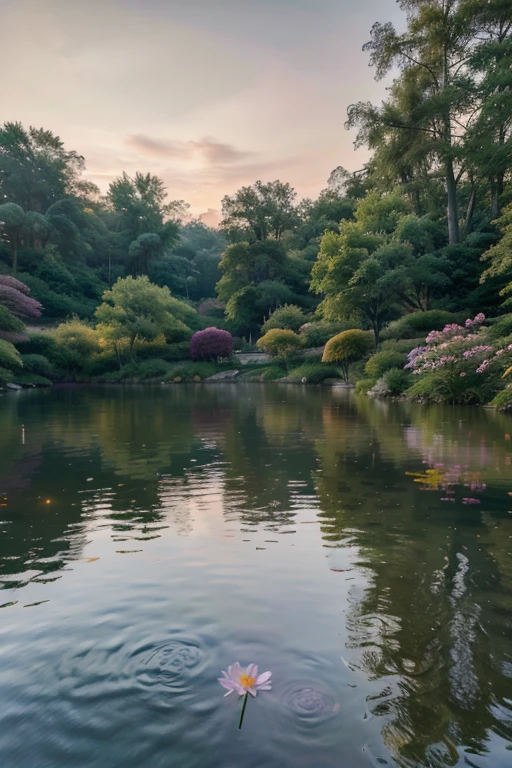 (best quality,4k,8k,highres,masterpiece:1.2),ultra-detailed,(realistic,photorealistic,photo-realistic:1.37),cool toned,soft lighting,lush vegetation,glimmering water,sunset reflection,serene atmosphere,tranquil evening setting,misty fog,subtle ripples on the pond surface,delicate flowers,gentle breeze,peaceful ambiance,harmonious color palette,impressionistic style,splashes of pink and purple hues,playful interaction between light and shadow,realistically rendered details

注：Although the title is in Chinese &quot;Evening Pond&quot;，But the output results only need to be described in English.。