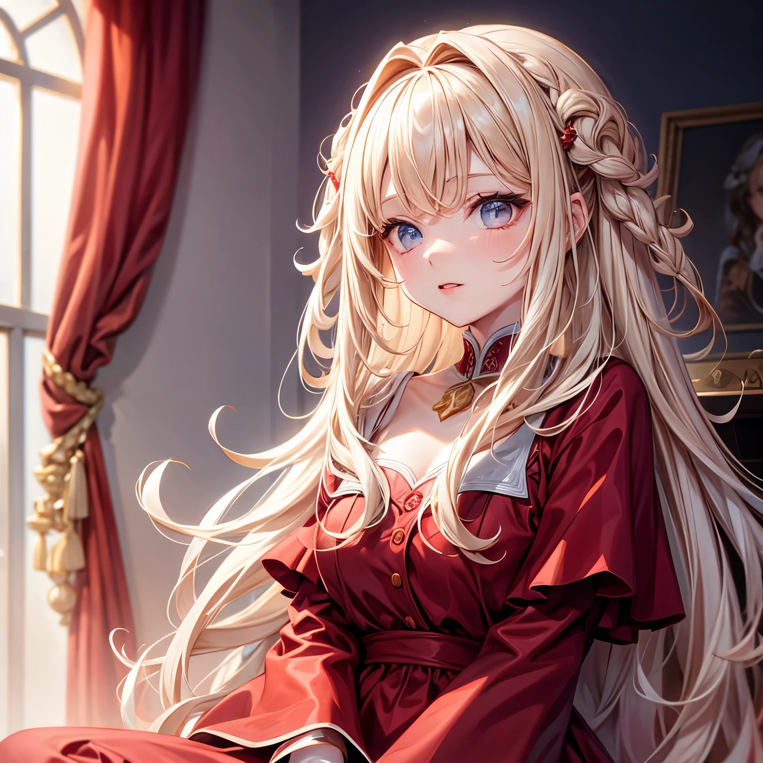 [White skin woman:1.2, Long curly hair:1.2, Elegant red dress, flat nose, bright brown eyes], portrait, VSCO Filters: C8)