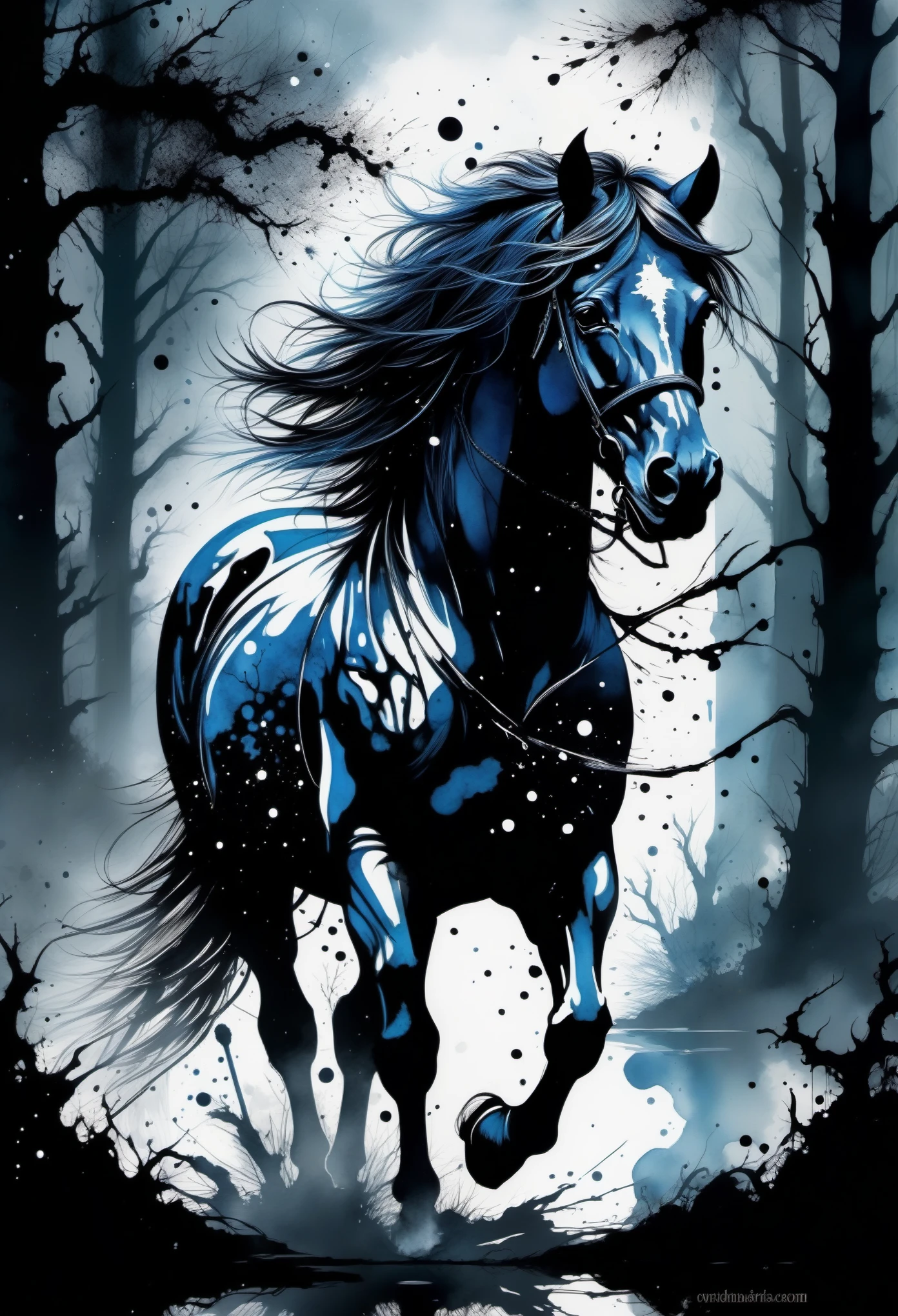 (((In dark fantasy ink splatter art:1.3))), dilapidated horse, Mesmerizingly beautiful scenery appears, Chaotic black strokes ink splatter, Intricate details blend into the world of the ethereal forest, Otherworldly creatures, insanely beautifu, Gongbi, Every stroke exudes a charming feeling, extraordinary creation, Whether it is ink painting or oil painting, Master stunning details, pure brilliance, Creepy atmosphere ink splatter coating,