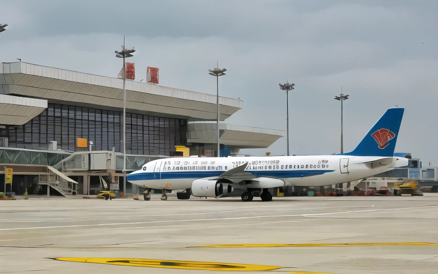There is a large plane parked on the runway, Beijing, AIRPORT, terminal, The photo shows a large, Wide-angle lens, Wide-angle lens, low - level view, xianxia, wide angle panorama, ground view, wide portrait, Shenzhen, “Wide-angle lens, Unobscured, li zixin, ground view, ground view